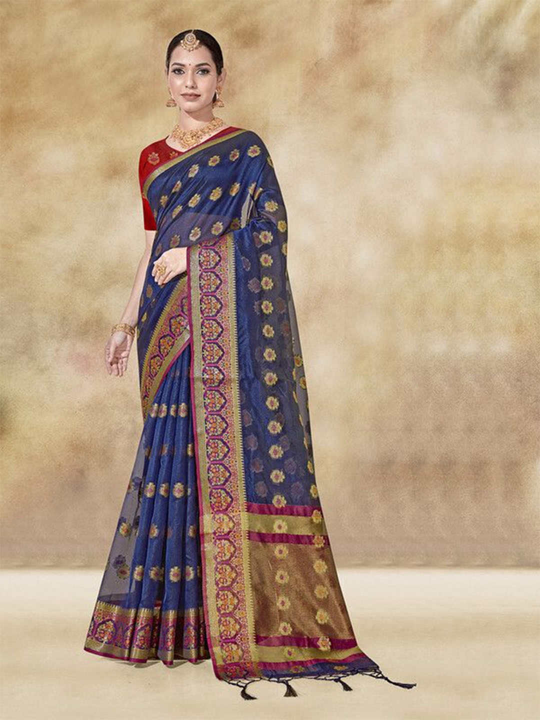 

sagarika Ethnic Motifs Zari Organza Narayan Peth Saree, Blue