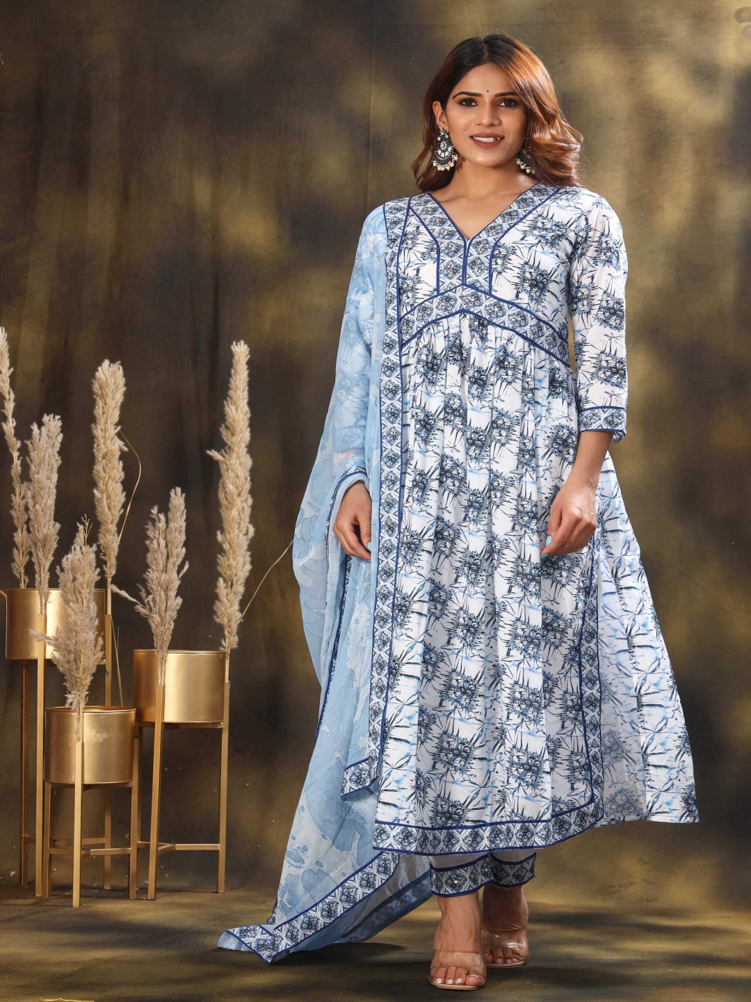 

sewingkrafts Women Floral Printed High Slit Sequinned Pure Cotton Kurta with Palazzos & With Dupatta, Blue