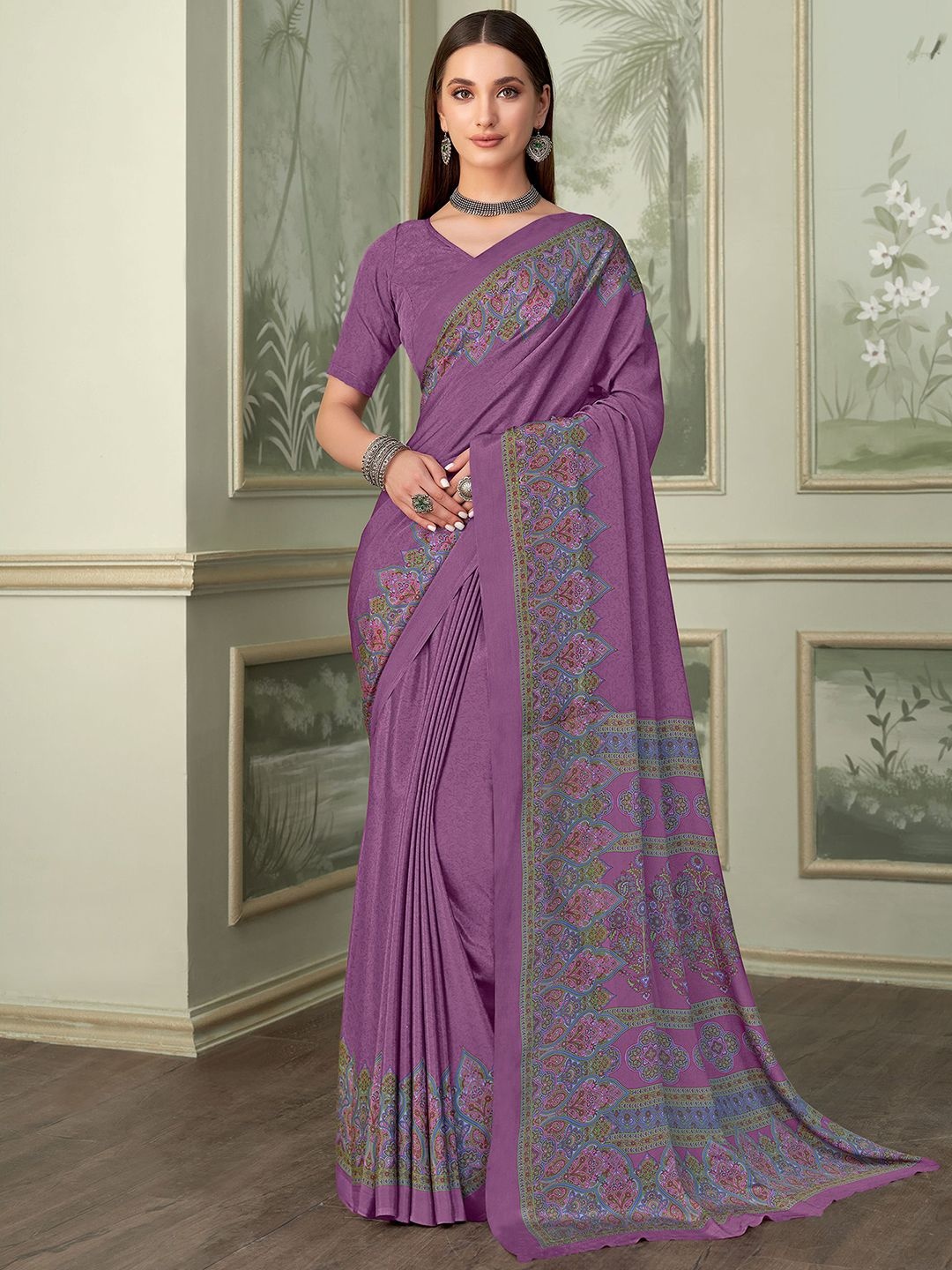 

Satrani Ethnic Motifs Pure Crepe Saree, Pink