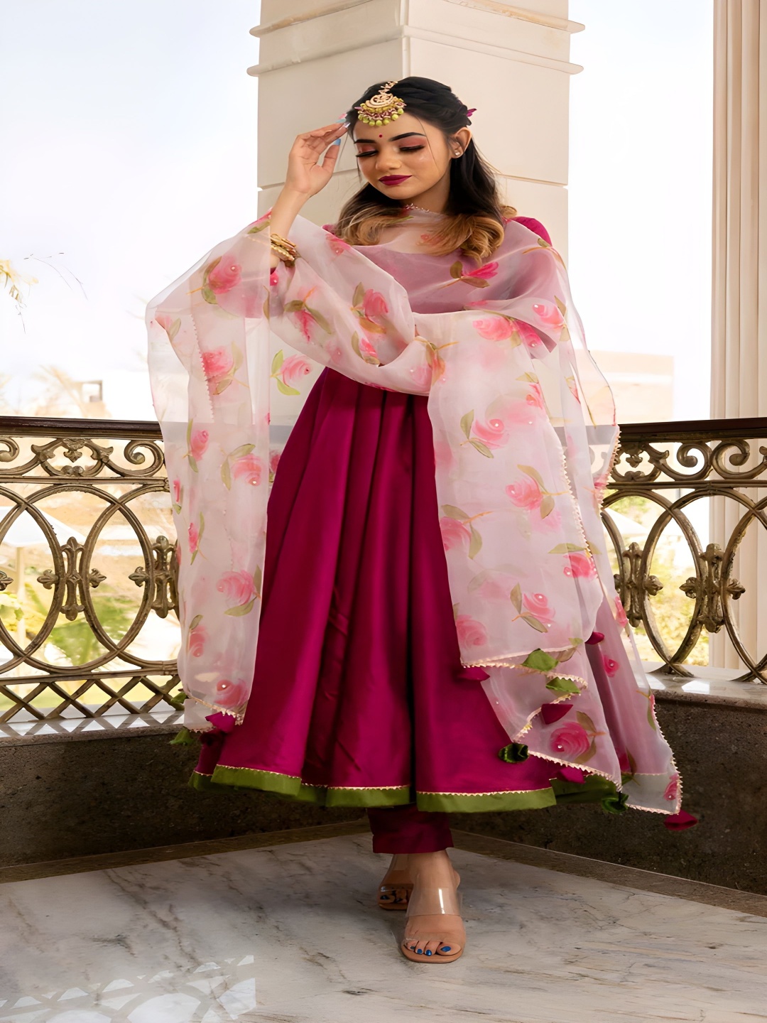 

KHODALCREATIN Square Neck Anarkali Kurta With Trouser And Dupatta, Magenta
