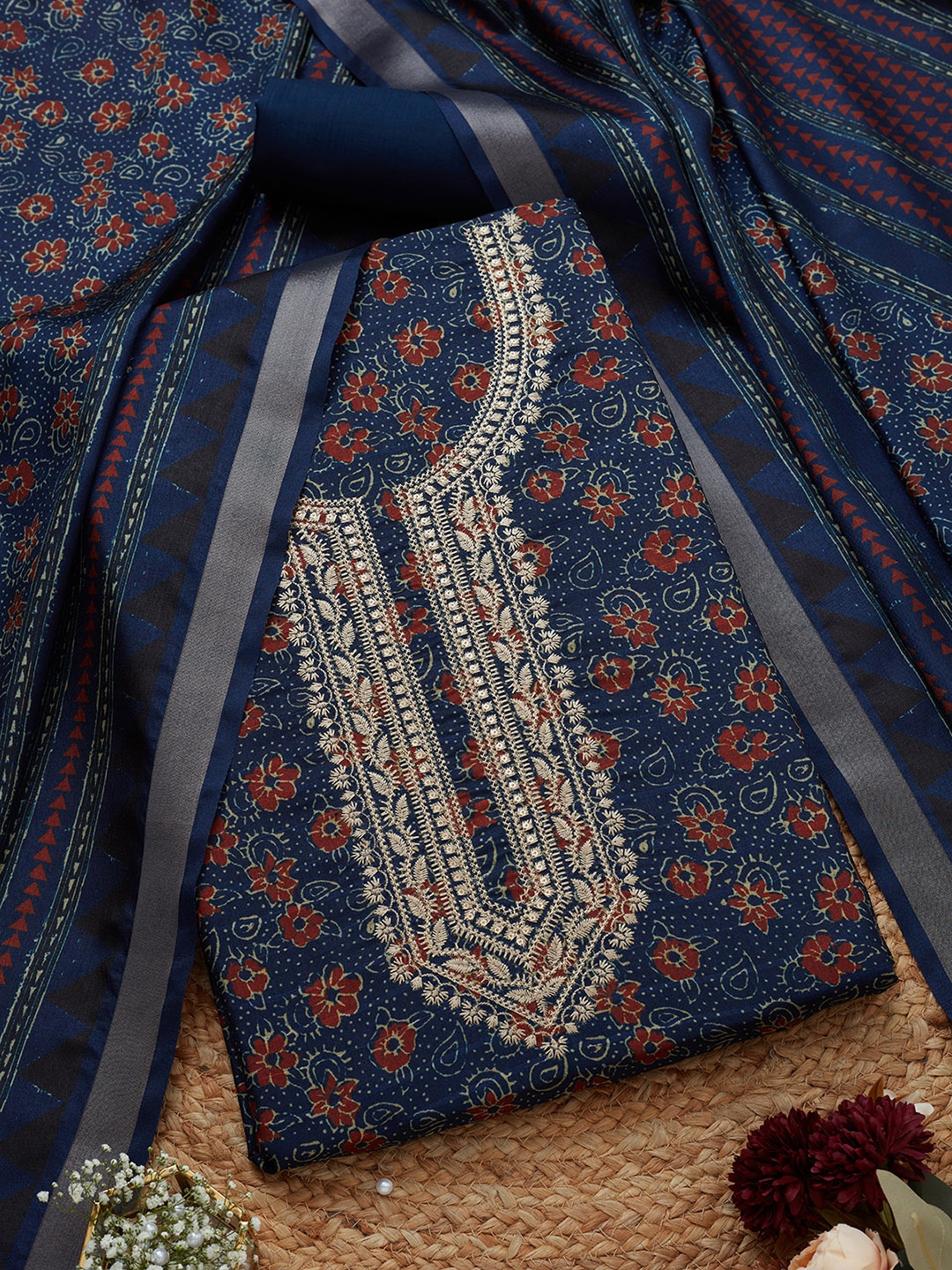 

Soch Floral Printed Embroidered Unstitched Dress Material, Navy blue