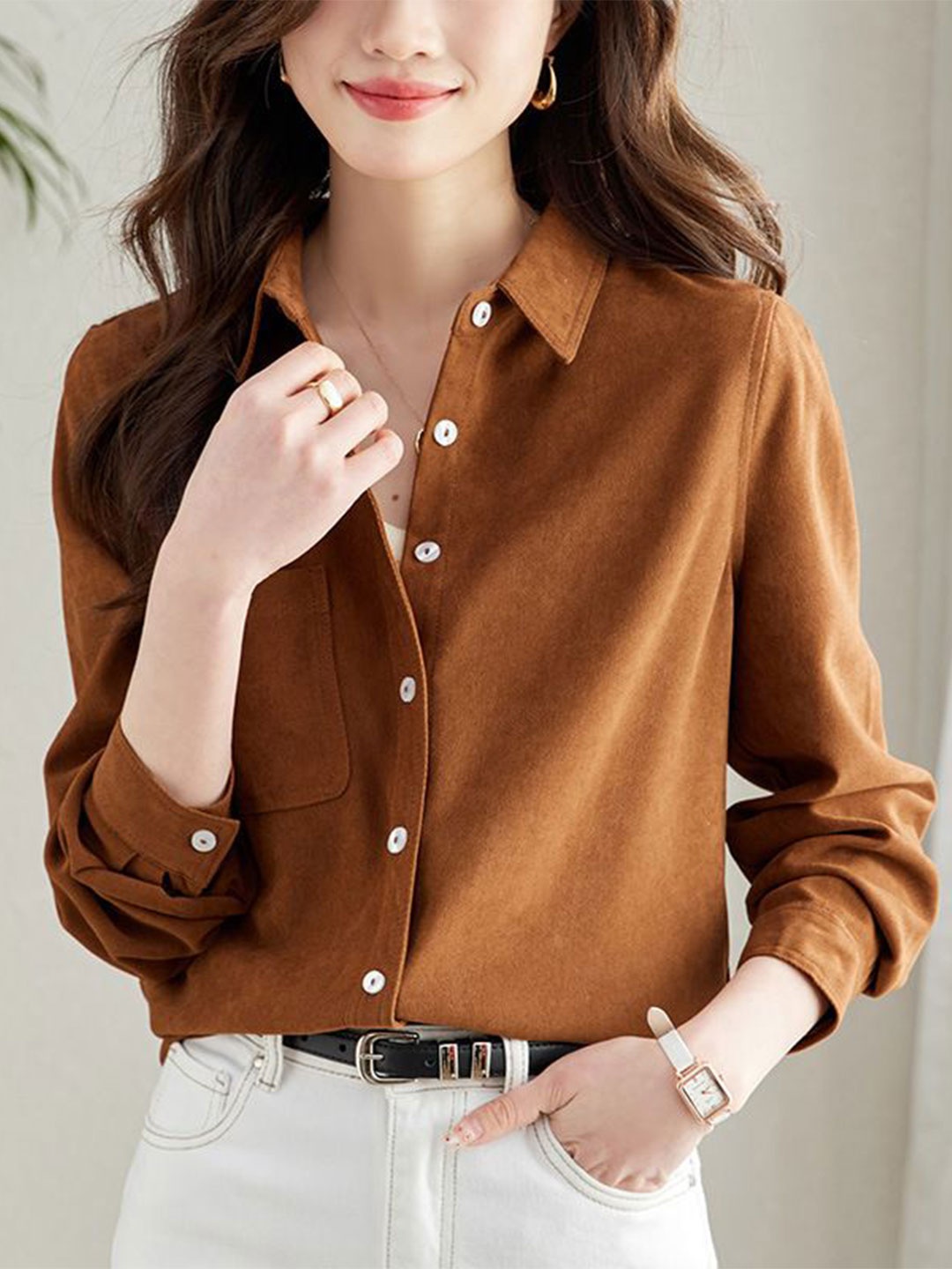 

StyleCast Women Relaxed Fit Spread Collar Solid Casual Shirt, Rust