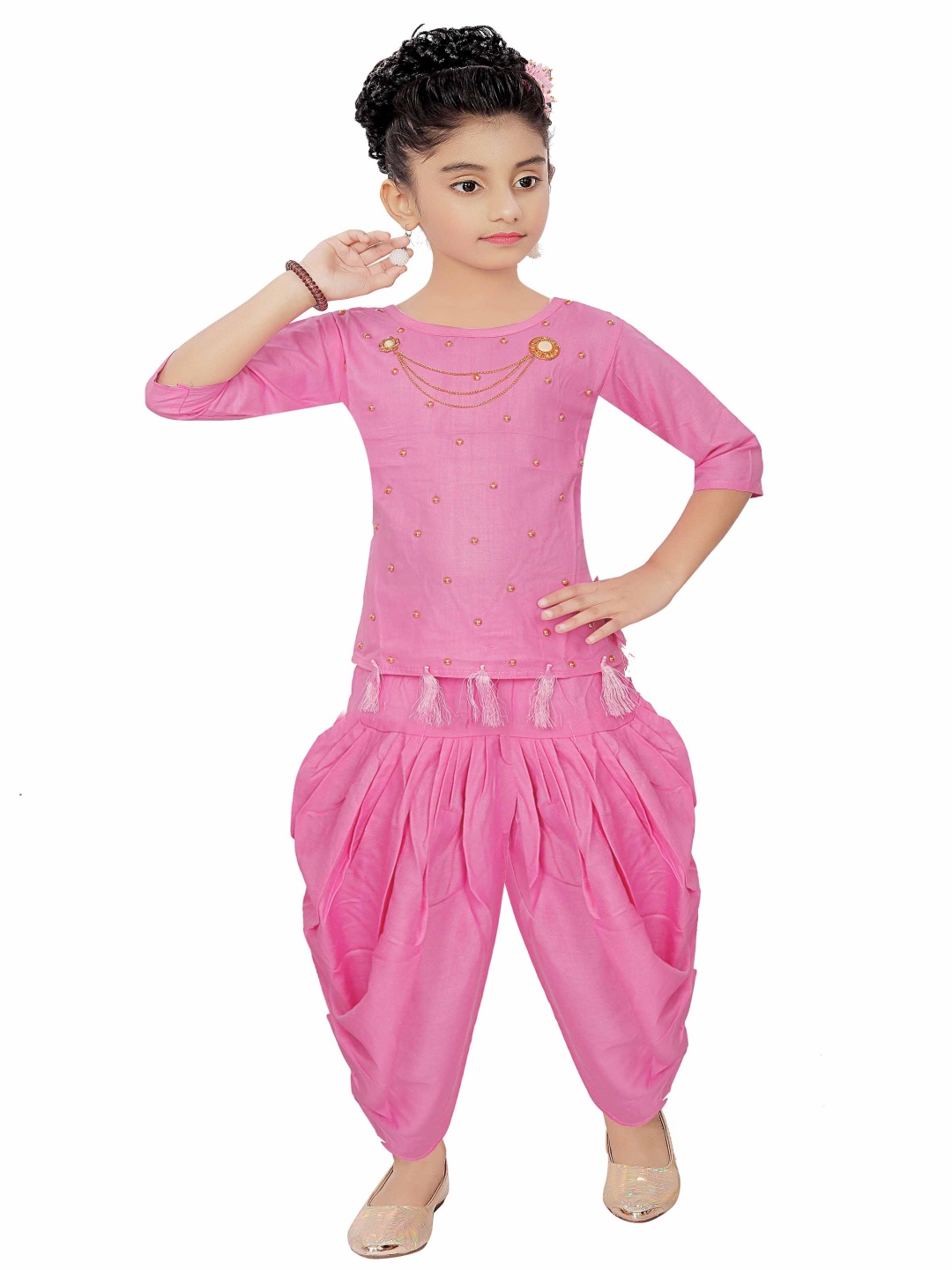 

Epochlite Girls Embellished Round Neck Top With Dhoti Pants, Pink