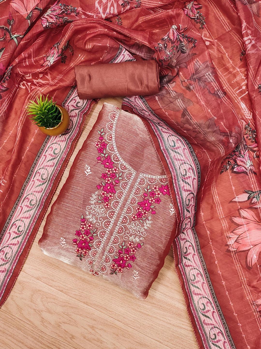

HERE&NOW Floral Embroidered Barbarik Silk Unstitched Dress Material, Rust