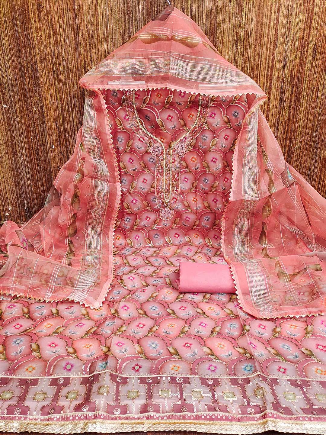 

HERE&NOW Floral Printed Sequinned Organza Unstitched Dress Material, Pink