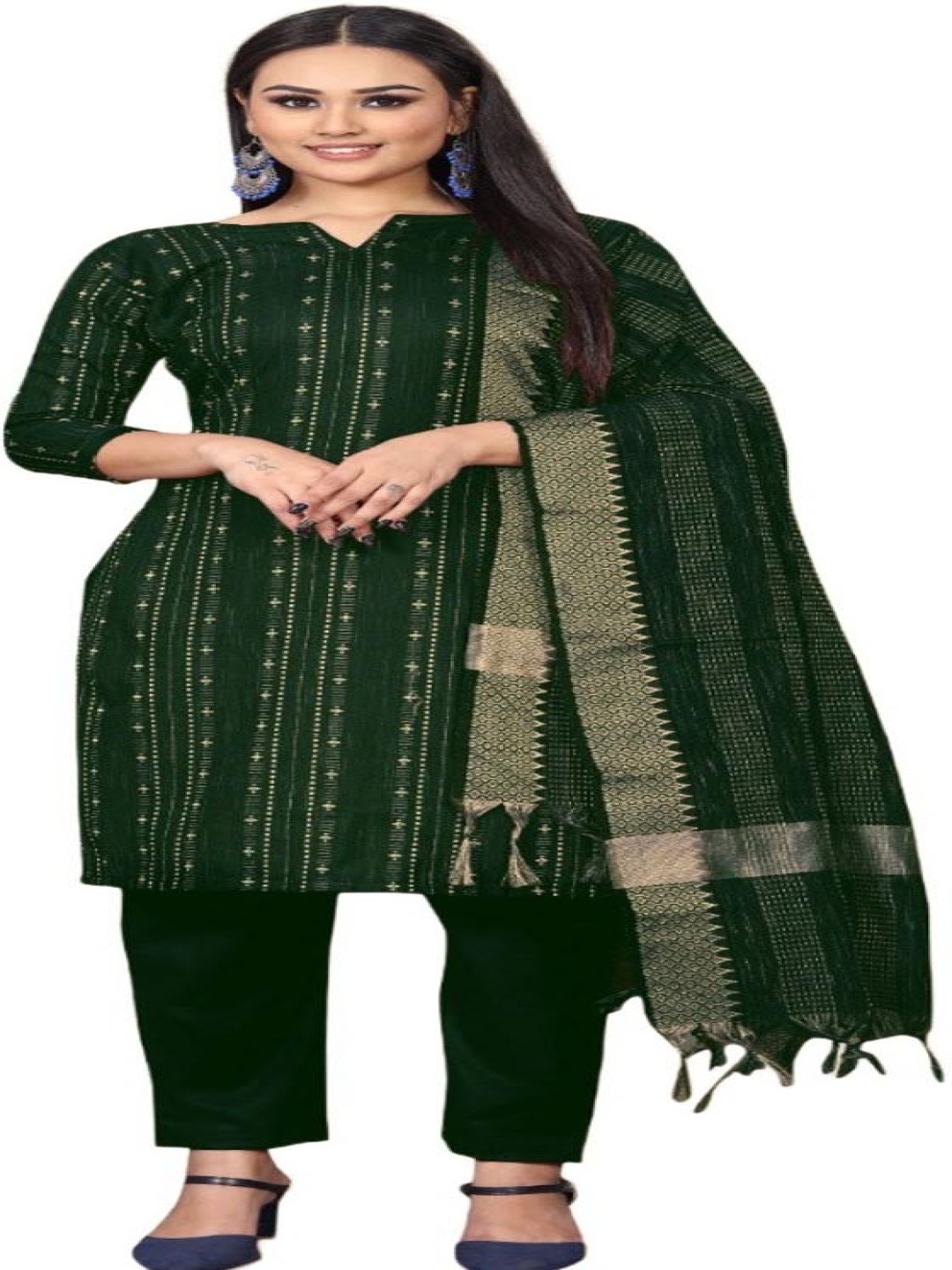 

Aika Striped Woven Design Pure Cotton Unstitched Dress Material, Green