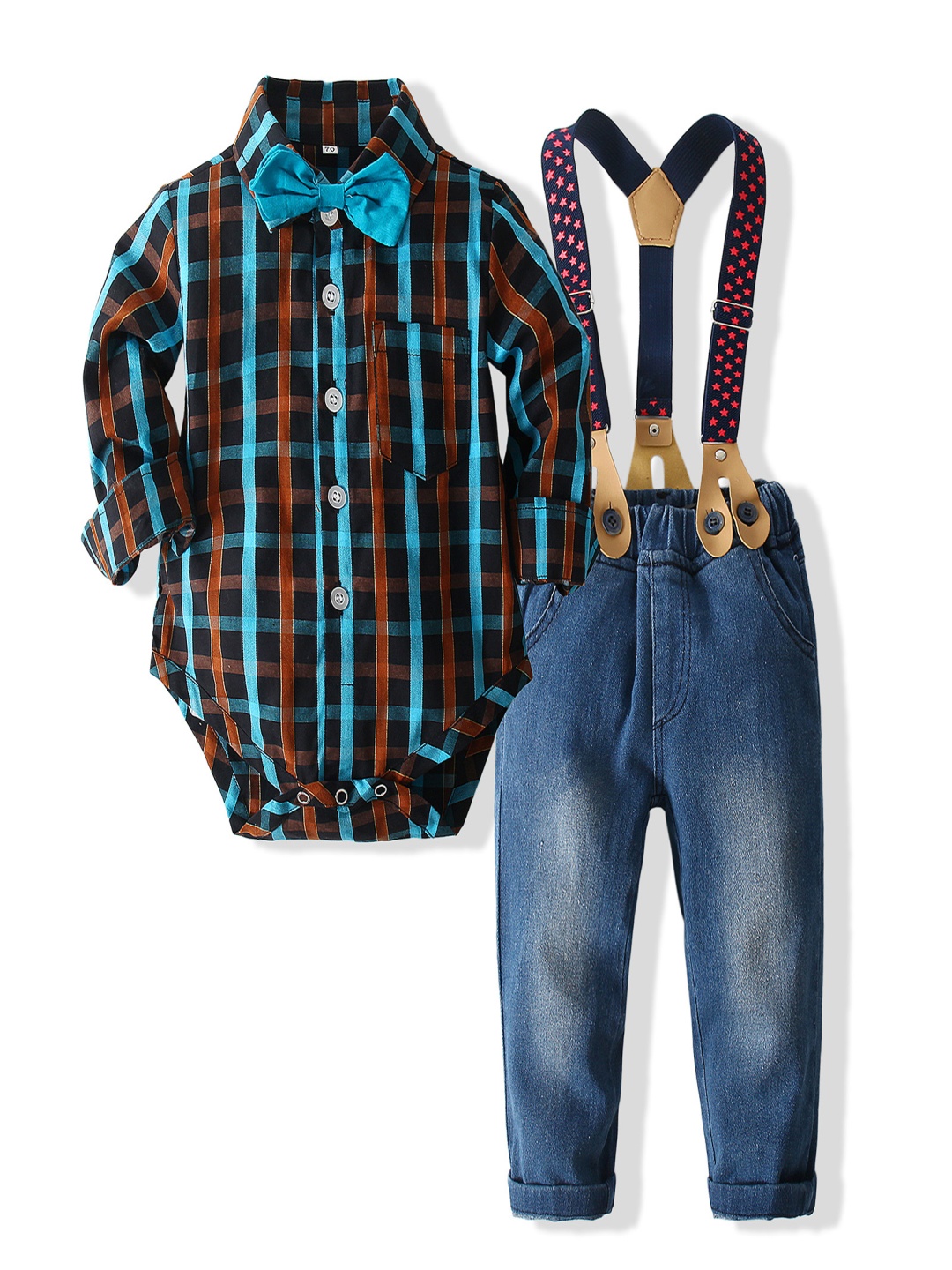 

StyleCast x Revolte Boys Checked Pure Cotton Shirt With Trouser & Suspenders, Blue