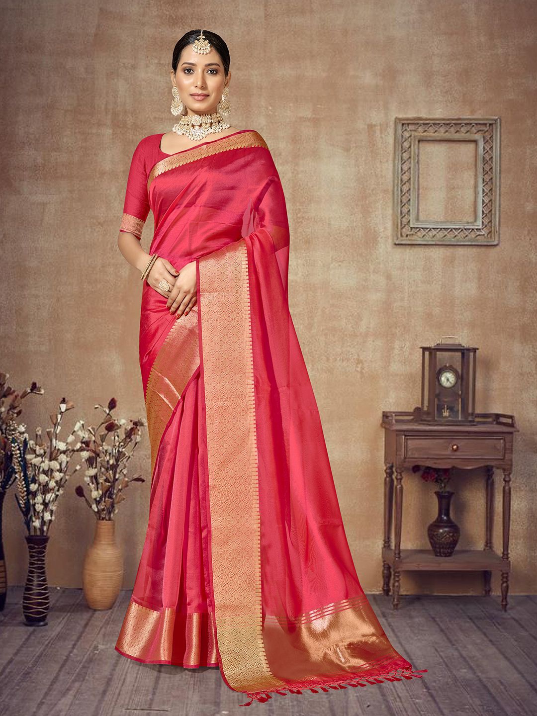 

sagarika Ethnic Motifs Woven Design Zari Organza Narayan Peth Saree, Coral