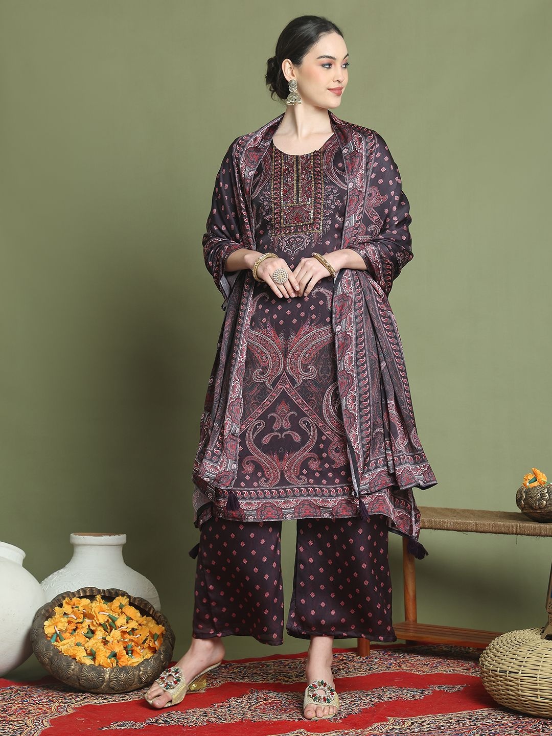 

Stylee LIFESTYLE Paisley Embroidered Round Neck Kurta With Trouser And Dupatta, Maroon