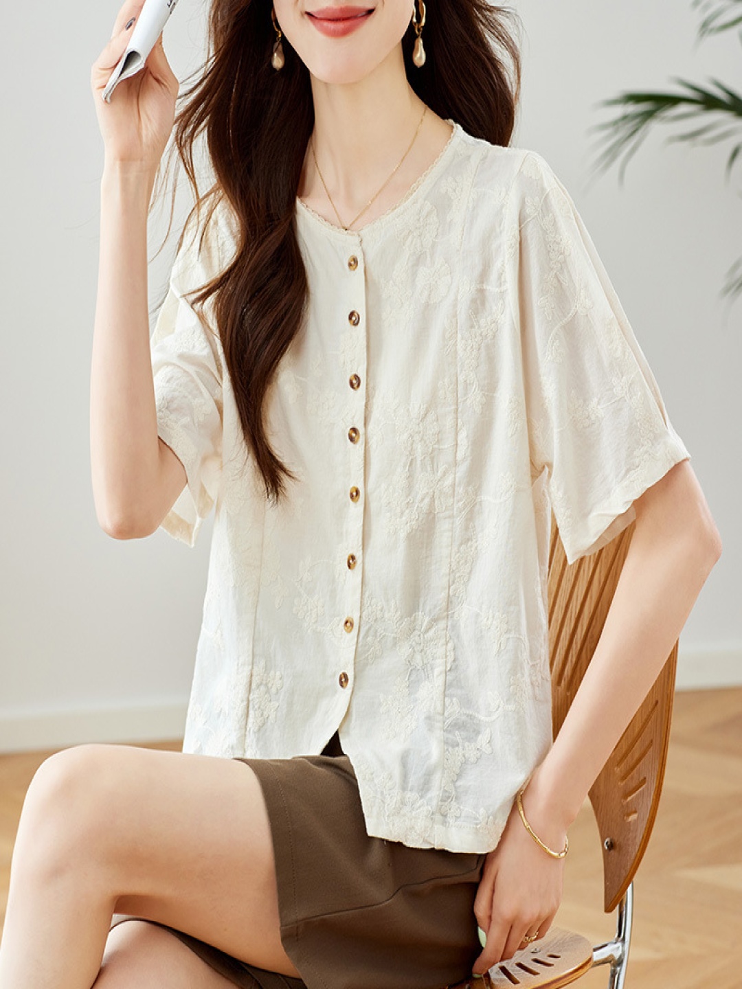 

StyleCast Women Collarless Embroidered Casual Shirt, Off white