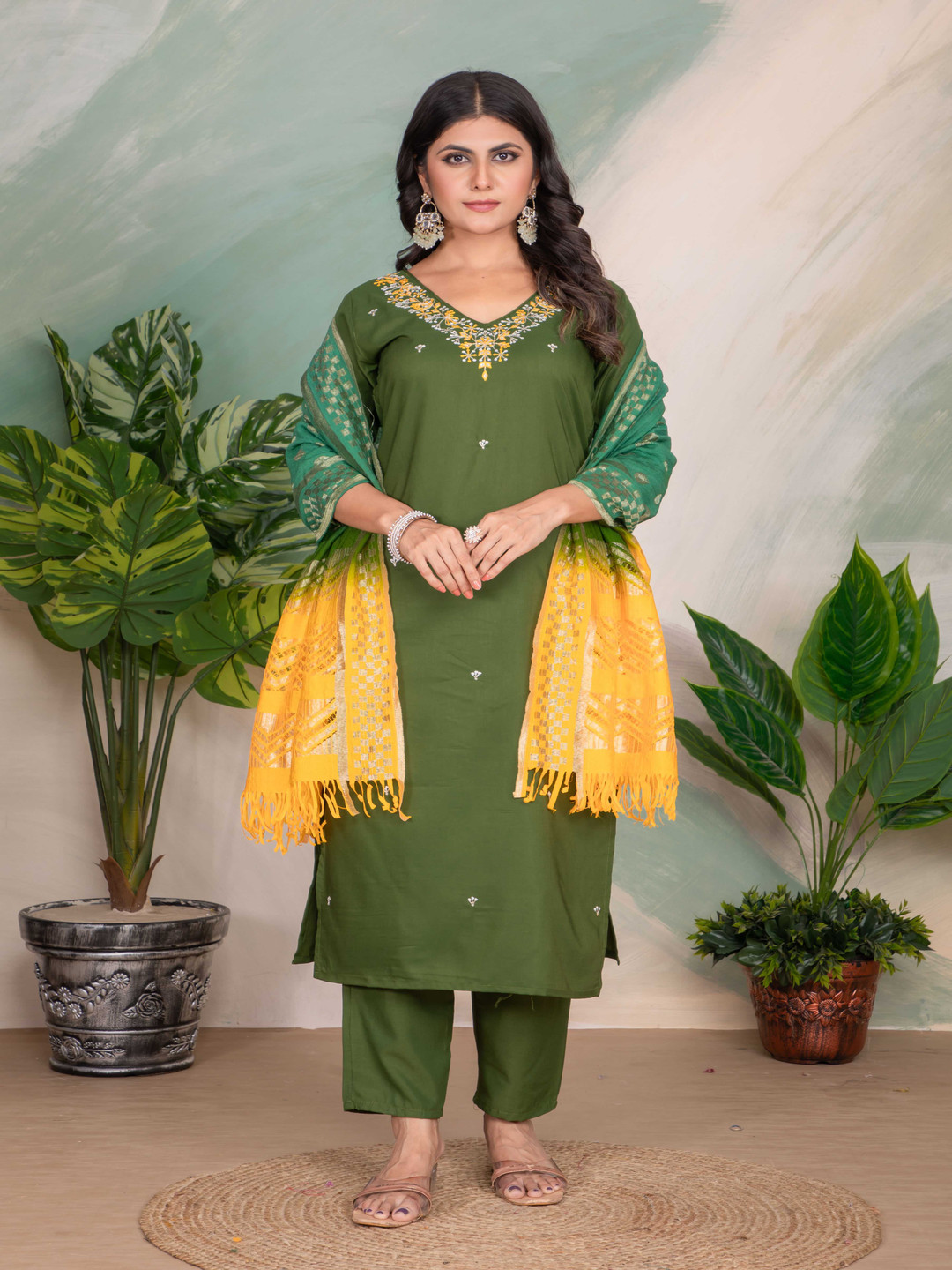 

Siya Fashion Floral Yoke Design Thread Work Kurta With Trouser And Dupatta, Green