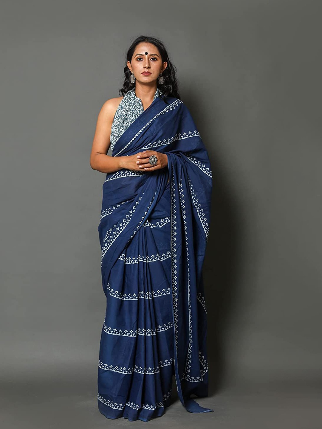 

Craft Musium Floral Pure Cotton Bagru Saree, Blue