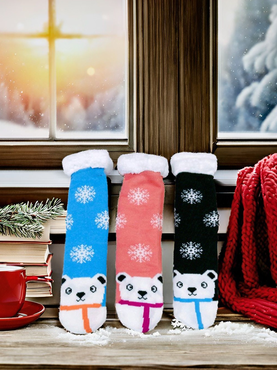 

Butterthief Unisex Pack Of 3 Printed Calf-Length Sherpa Socks, Peach