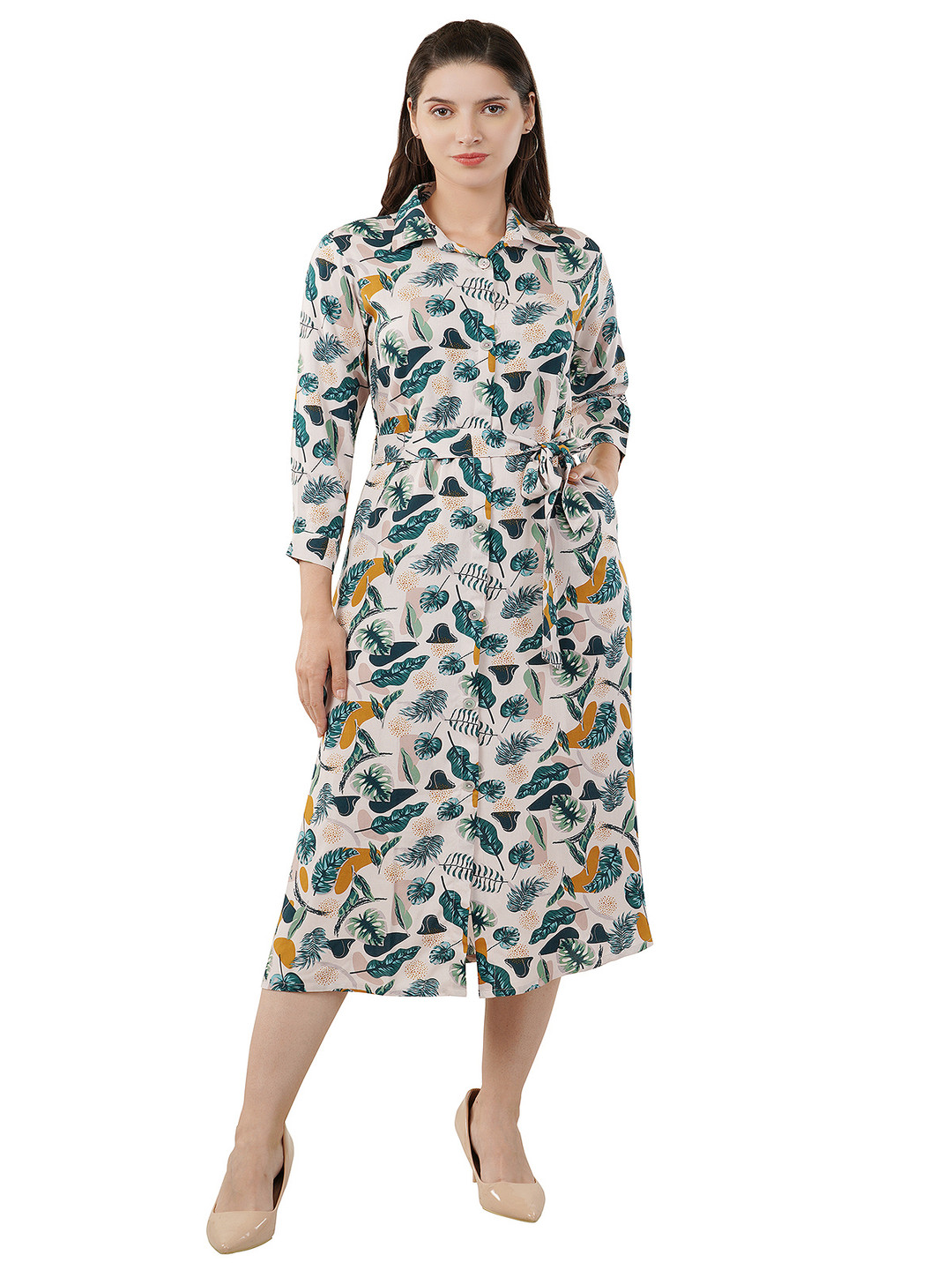 

SHAHVEER CREATION Floral Print A-Line Midi Dress, Cream