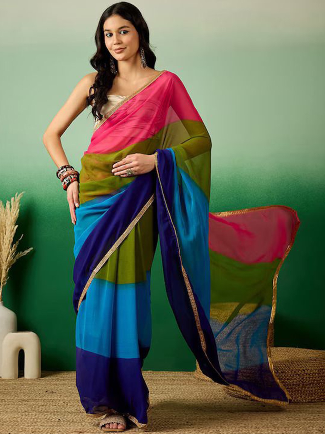 

HMP Fashion Colourblocked Sequinned Satin Ready to Wear Saree, Blue