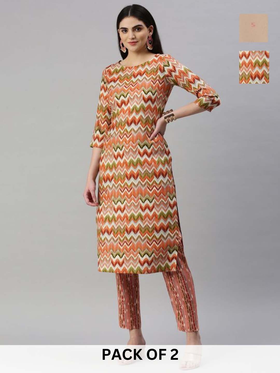 

KALINI Selection Of 2 Chevron Printed Round Neck Straight Kurtas With Trousers, Rust