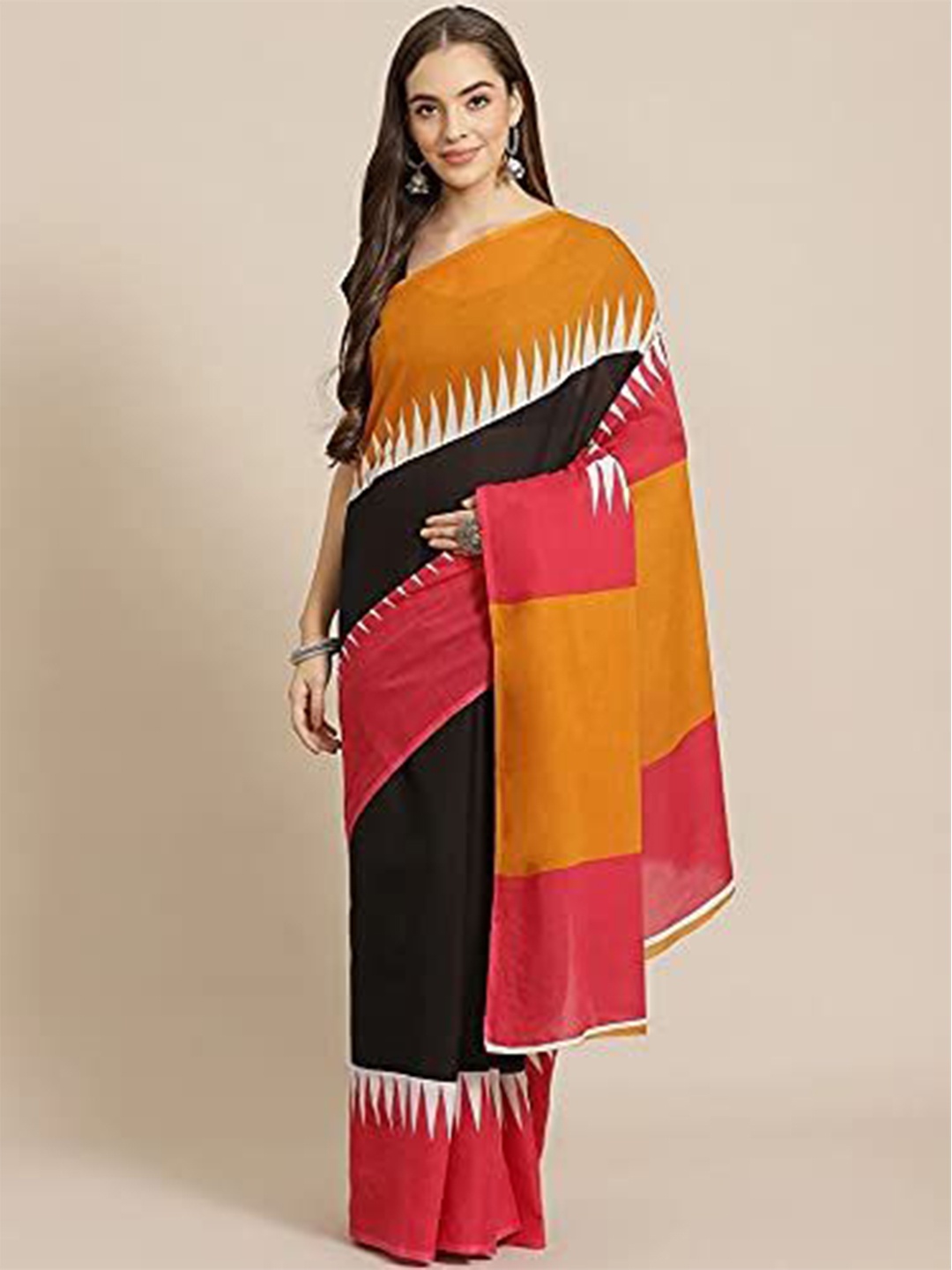 

Craft Musium Colourblocked Pure Cotton Bagru Saree, Orange