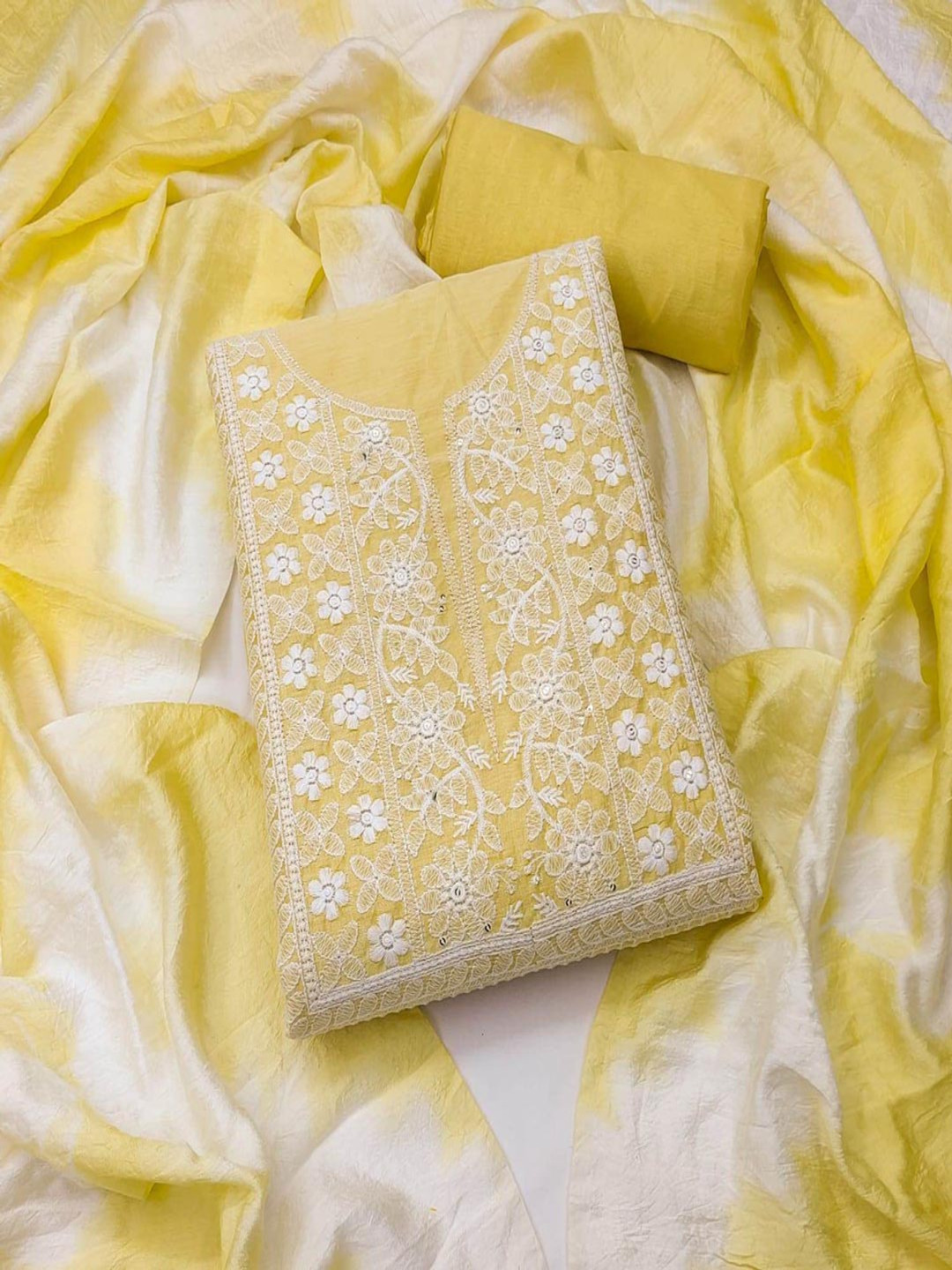 

Aika Floral Embroidered Sequinned Pure Silk Unstitched Dress Material, Yellow