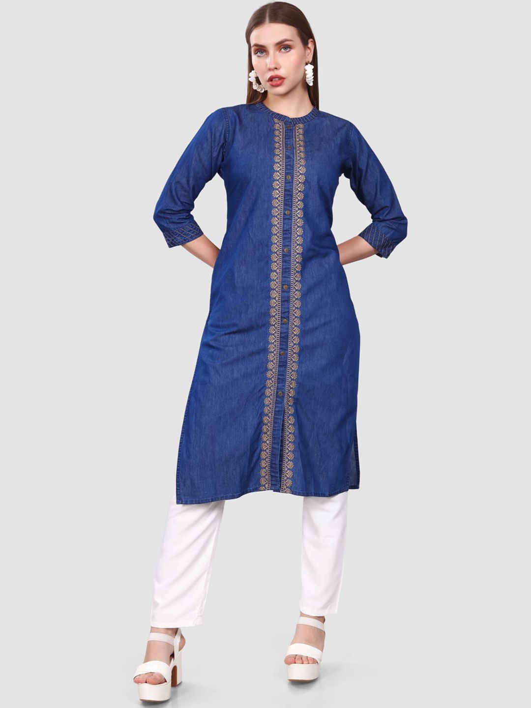 

SK Creation Women Ethnic Motifs Embroidered Thread Work Denim Kurta, Blue