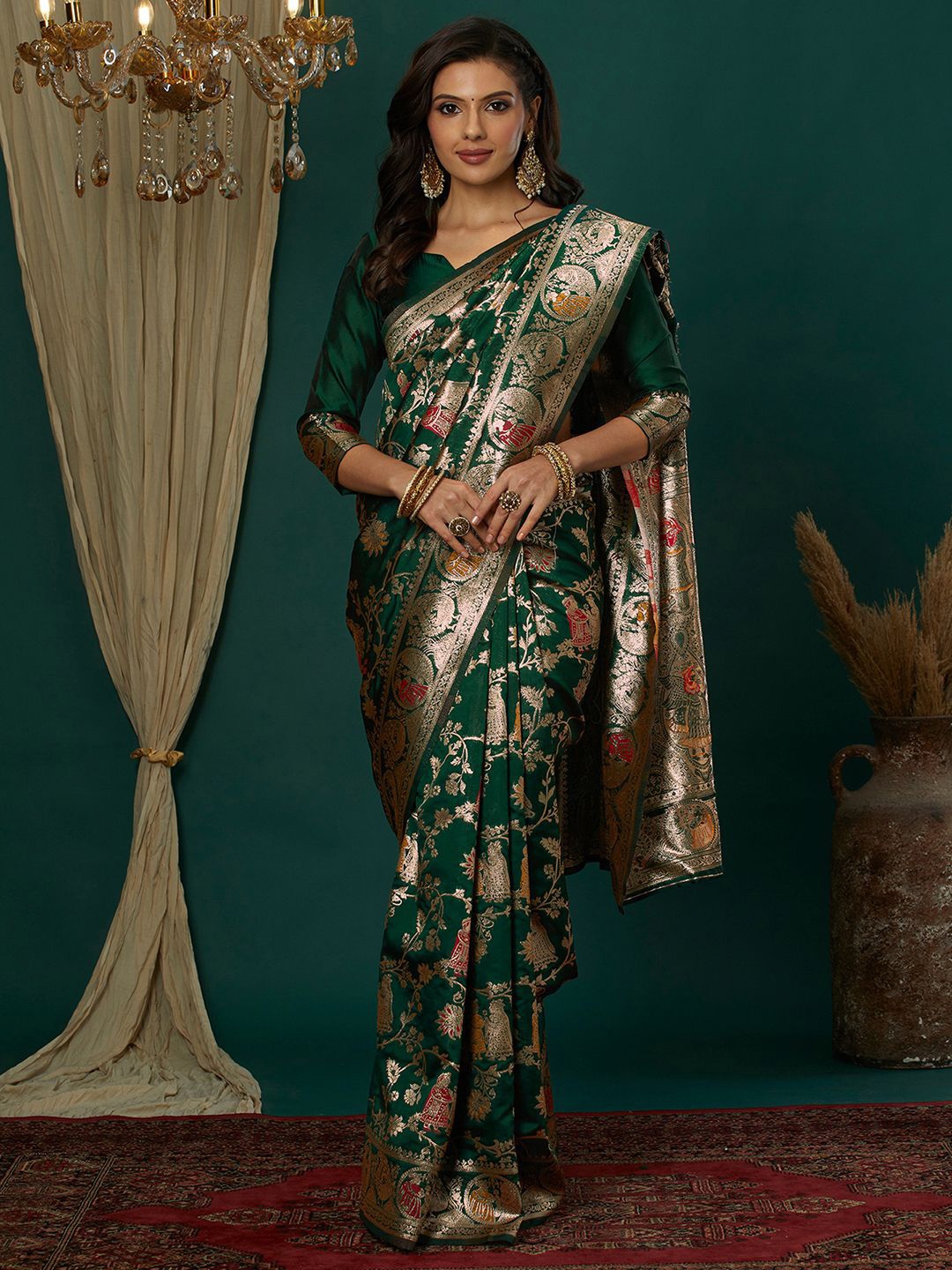 

Satrani Ethnic Motifs Zari Banarasi Saree, Green