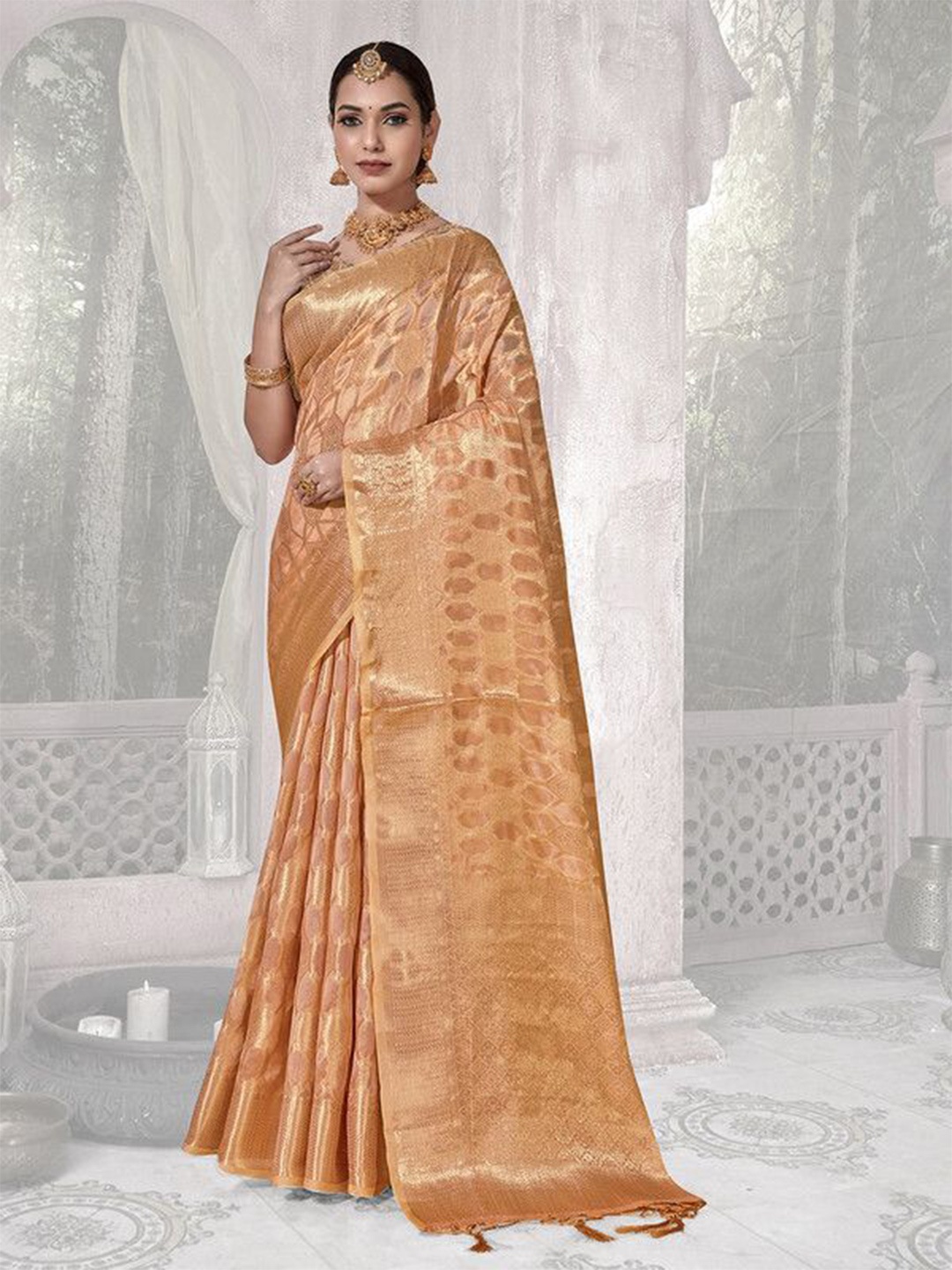 

sagarika Ethnic Motifs Zari Organza Banarasi Saree, Peach