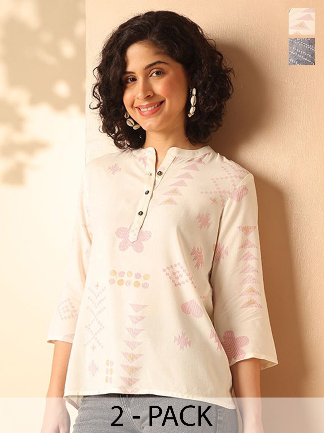 

Anouk Rustic Women Pack Of 2 Bandhani Printed Kurti, Grey