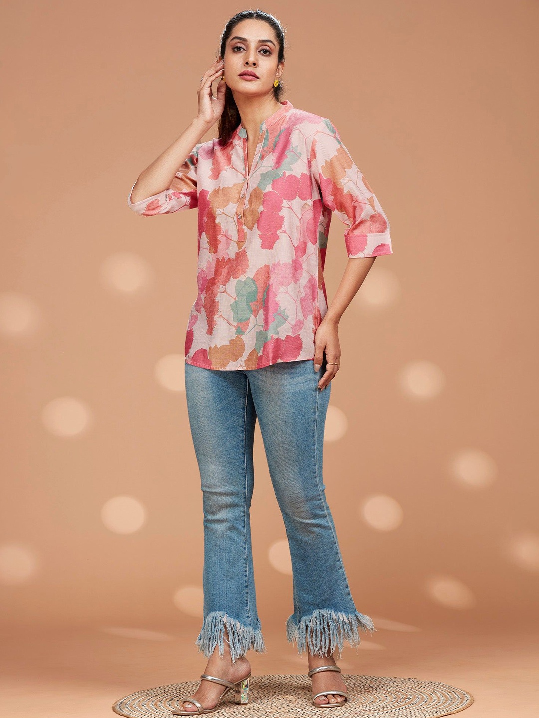

FREYAA Mandarin Collar Printed Tunic, Peach