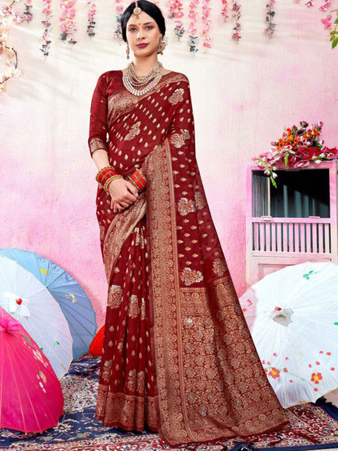 

sagarika Woven Design Zari Chanderi Saree, Maroon