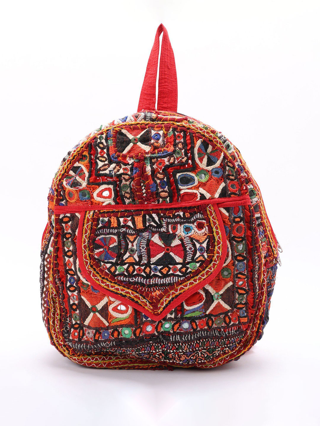 

Exotic India Multicolor Antique Rabari Embroidered Kutch Backpack with Mirror Work, Red