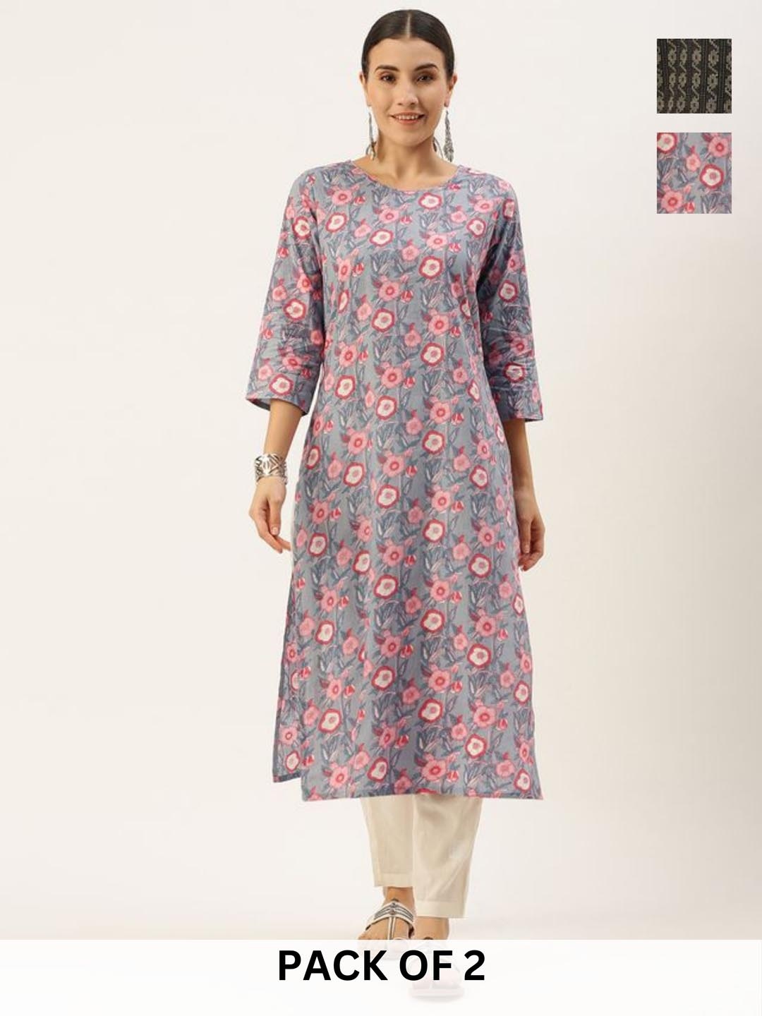 

KALINI Selection Of 2 Floral Printed Round Neck Straight Kurta With Trouser, Grey