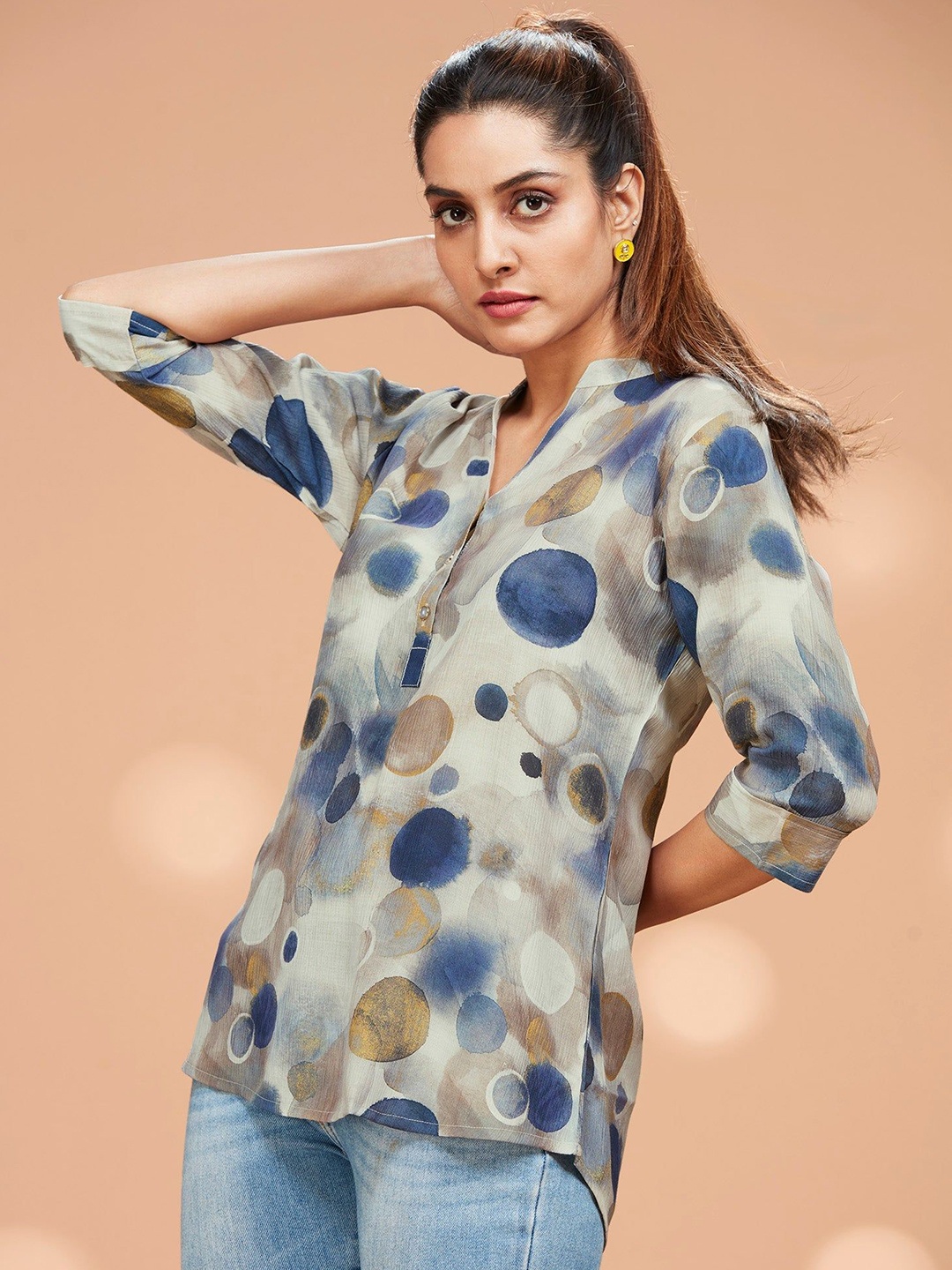 

FREYAA Mandarin Collar Printed Tunic, Blue