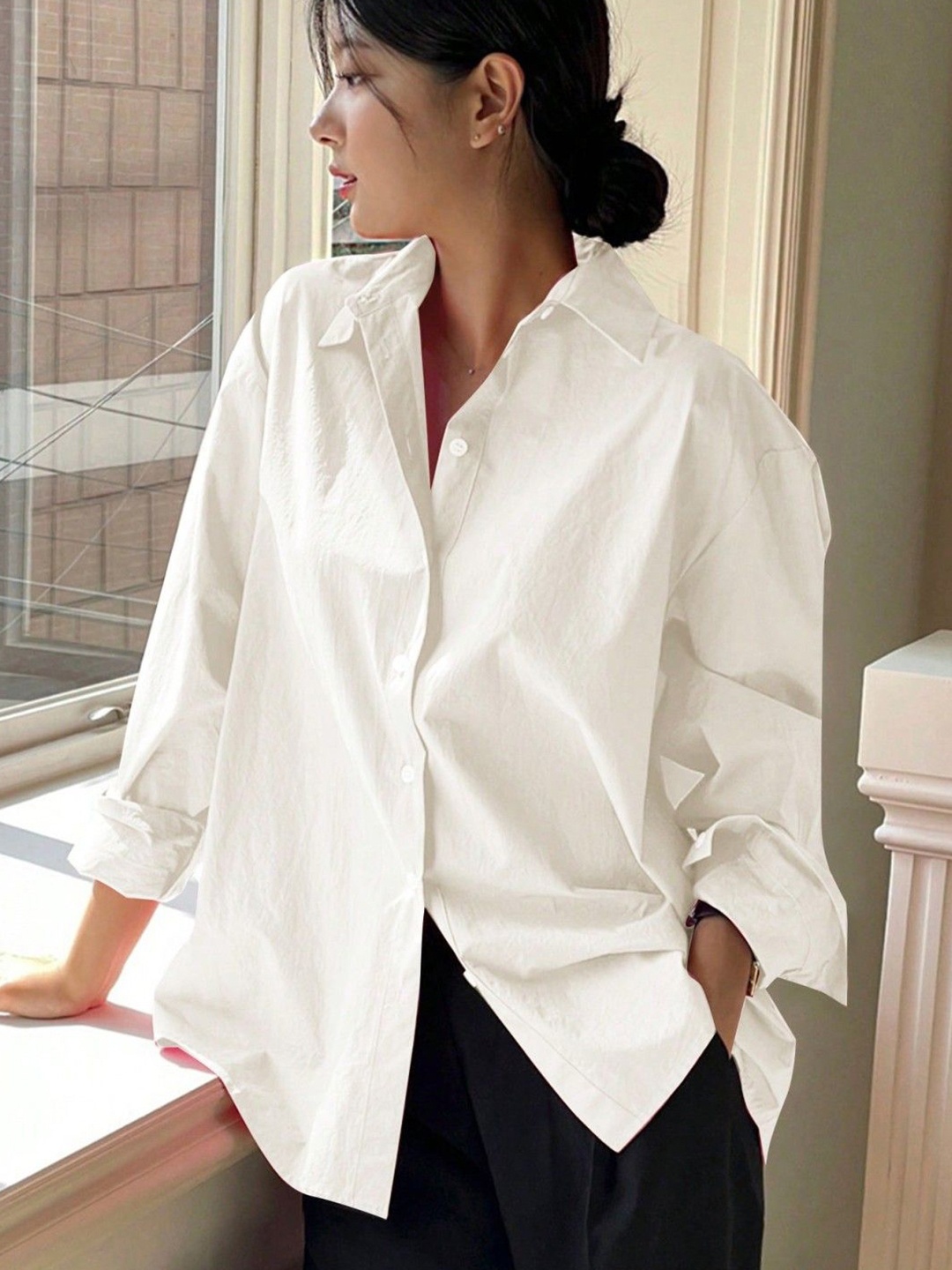 

WHY SO FAB Women Comfort Relaxed Fit Spread Collar Solid Cotton Casual Shirt, White