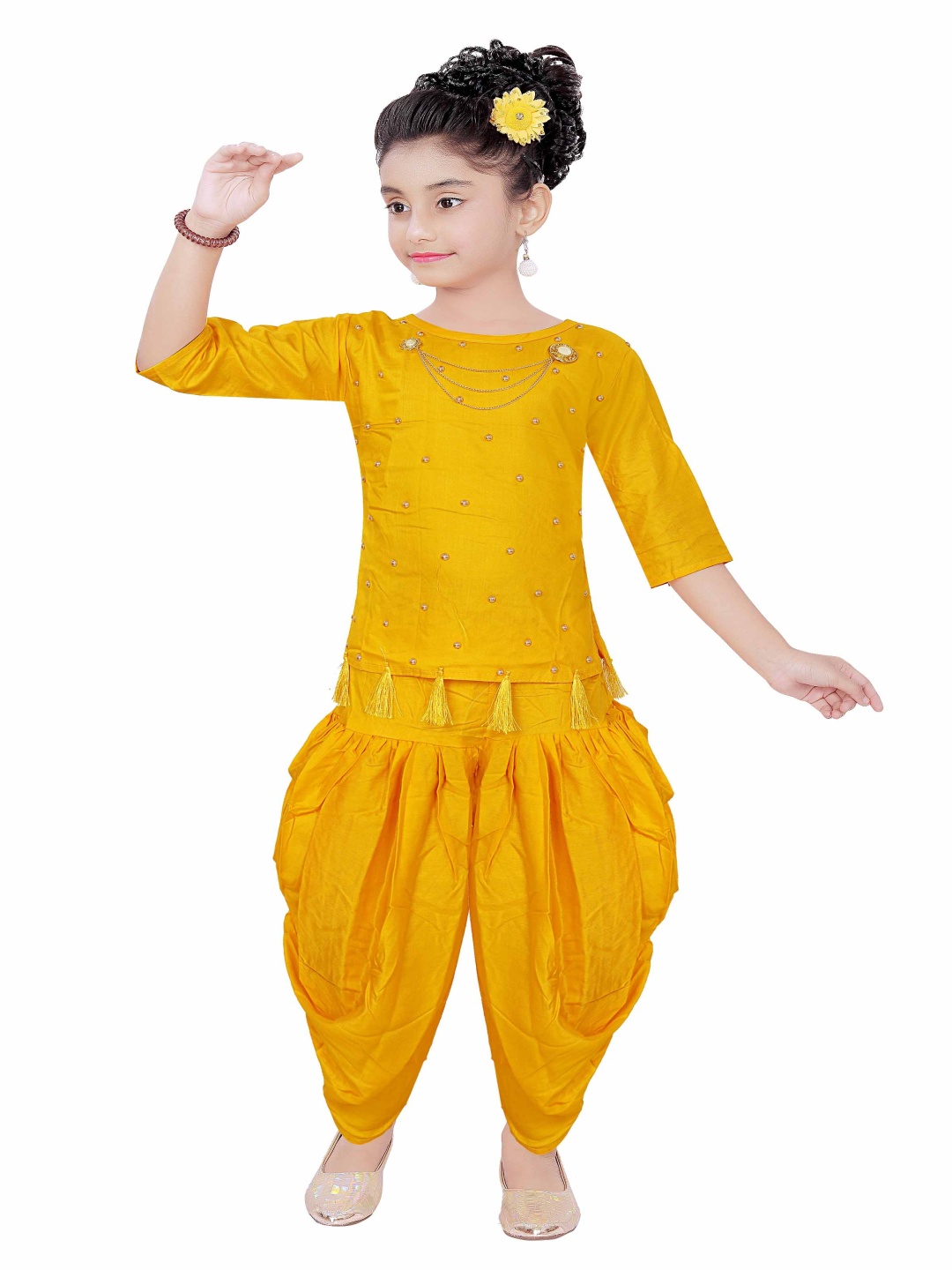 

Epochlite Girls Embellished Round Neck Top With Dhoti Pants, Mustard