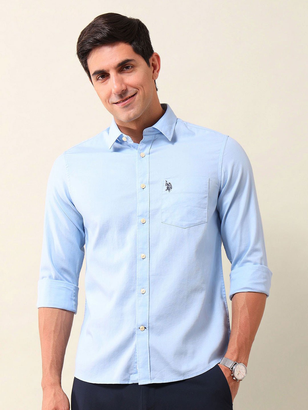 

U.S. Polo Assn. Men Spread Collar Solid Cotton Casual Shirt, Blue
