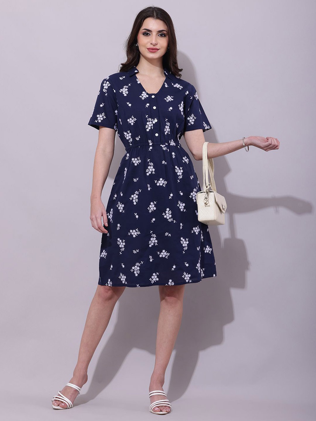 

DEBONATELLA Bohemian Embroidered Crepe Fit & Flare Dress, Navy blue