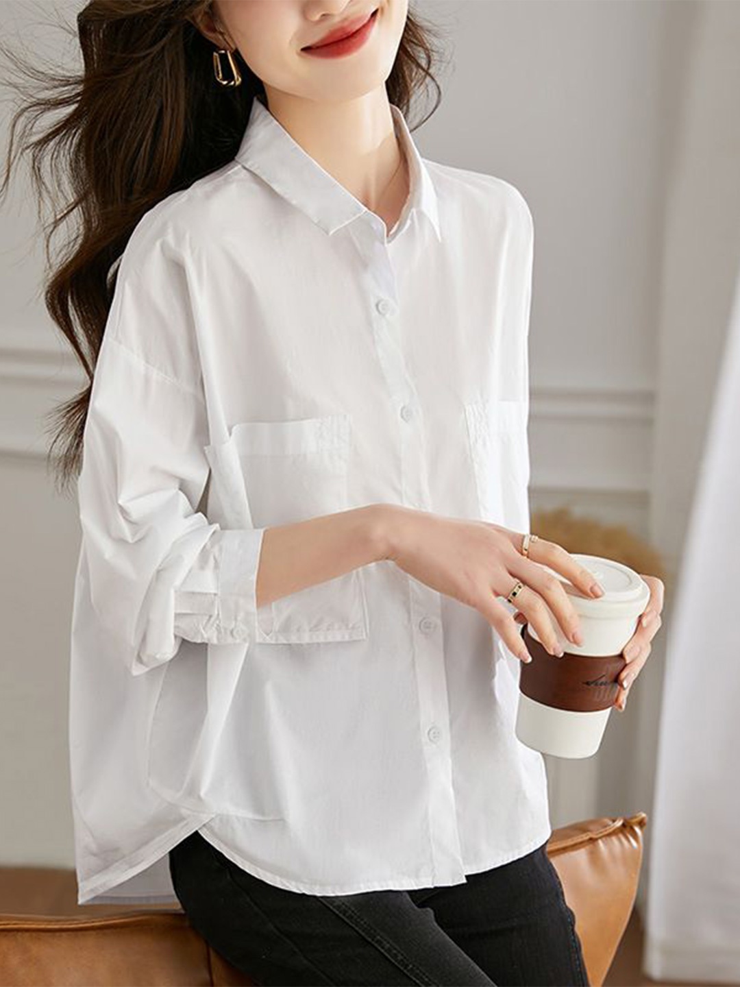 

StyleCast Women Relaxed Fit Spread Collar Solid Cotton Casual Shirt, White