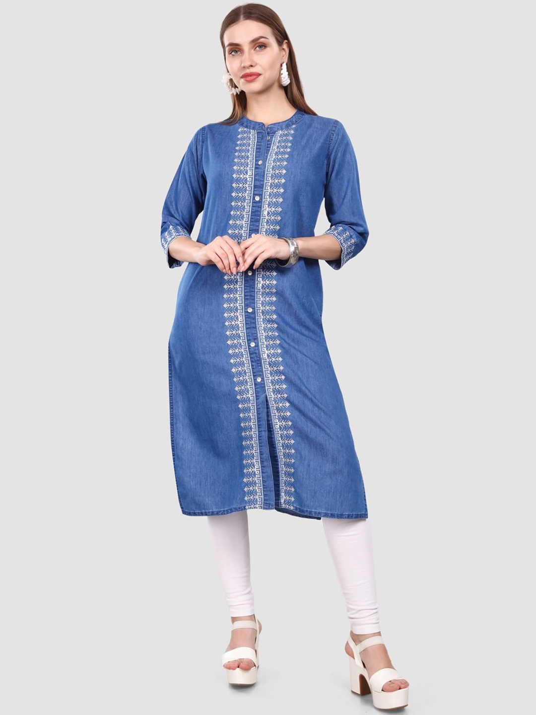 

SK Creation Ethnic Motifs Embroidered Mandarin Collar Denim Straight Kurta, Blue