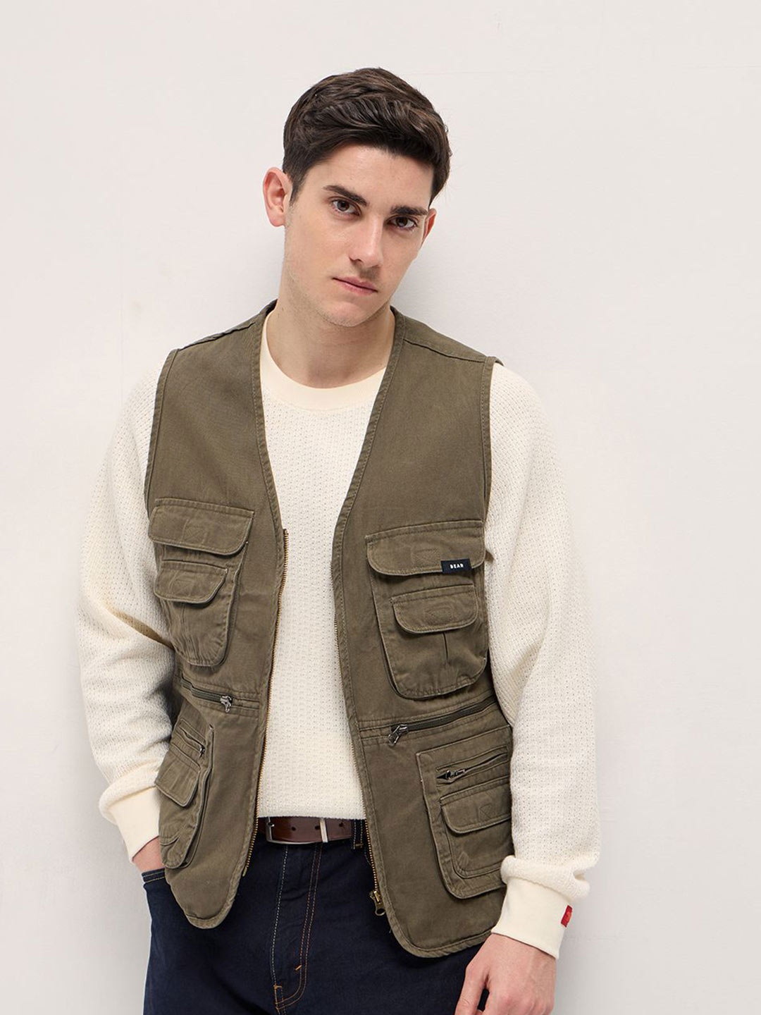

THE BEAR HOUSE Men Collarless Solid Cotton Casual Gilet Jacket, Olive