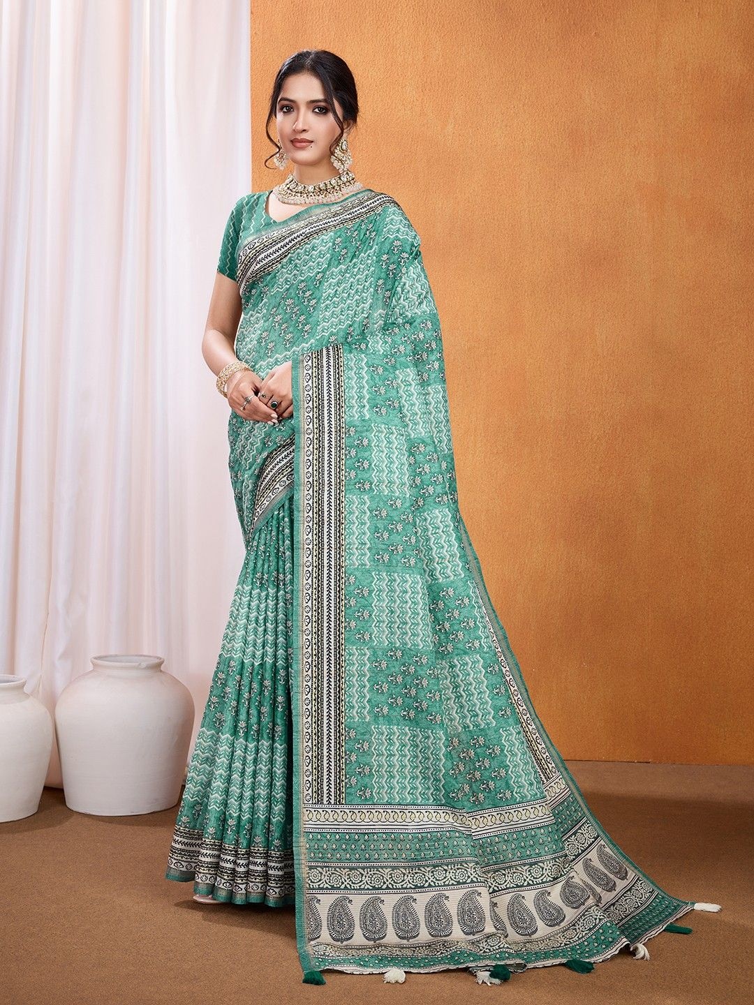 

All about you Ajrak Ethnic Motifs Printed Pashmina Saree, Sea green