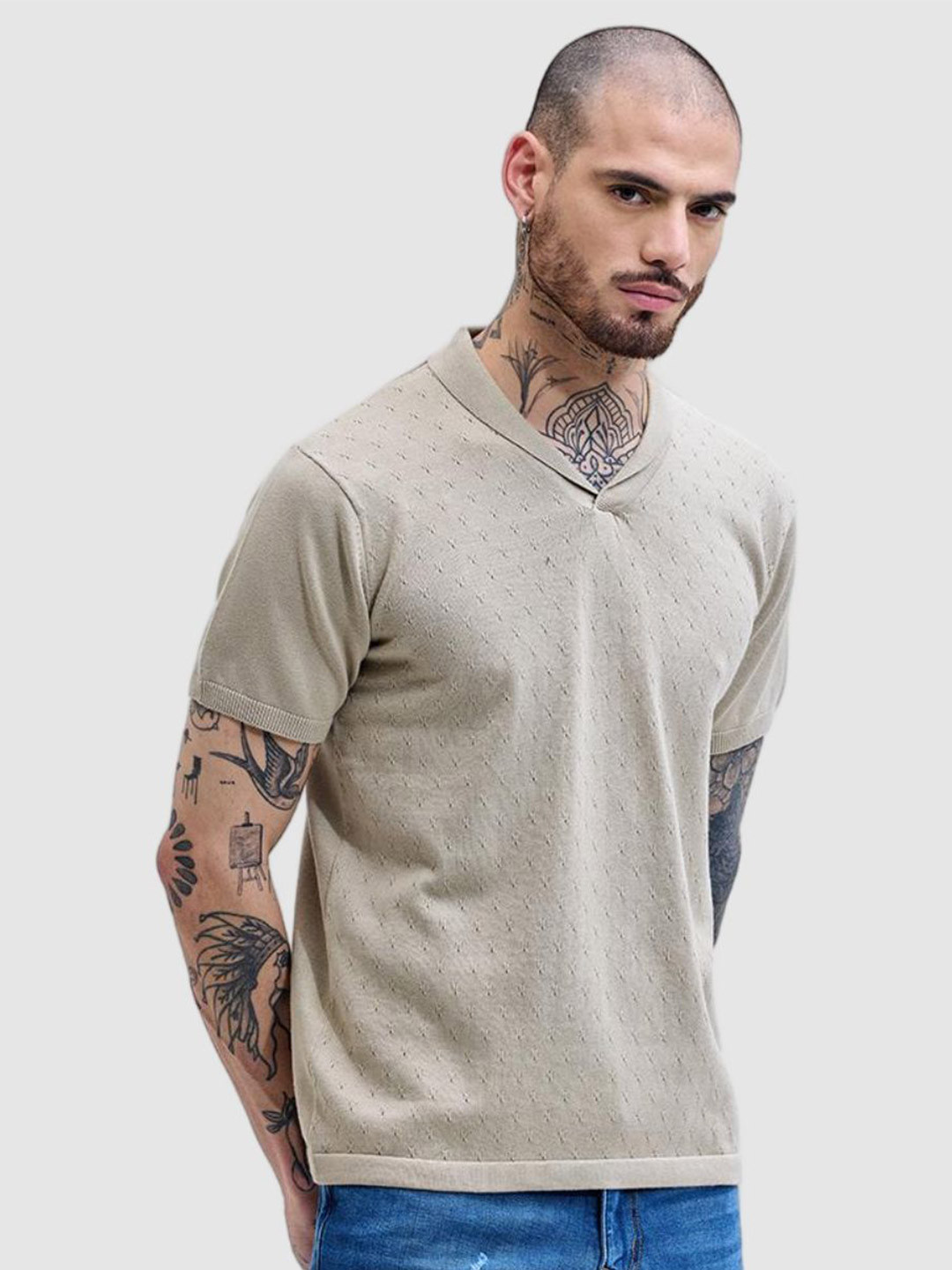 

Snitch Men Self Design V-Neck Slim Fit Cotton Casual T-shirt, Beige