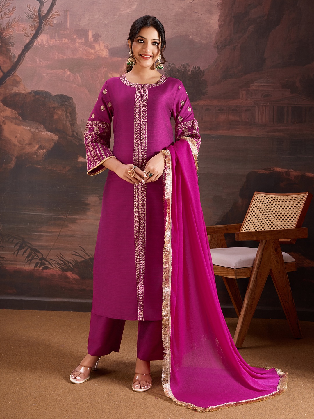 

House of Pataudi Ethnic Motifs Embroidered Kurta With Trouser And Dupatta, Pink