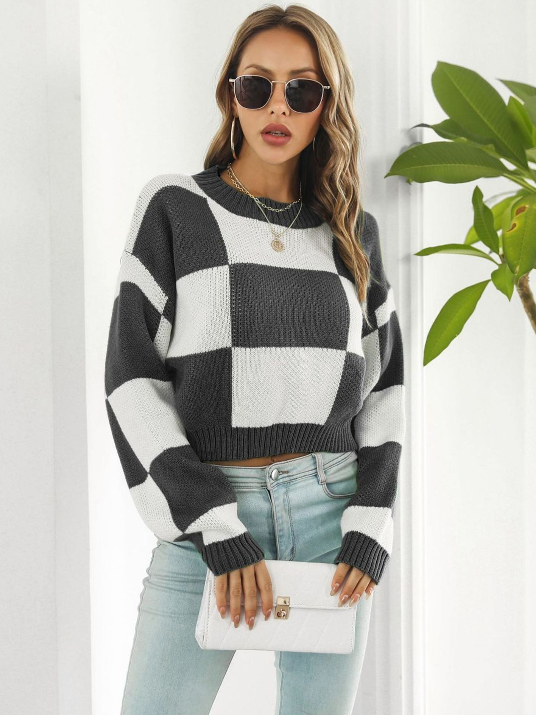 

Oh Rare Women Checked Pullover, Grey