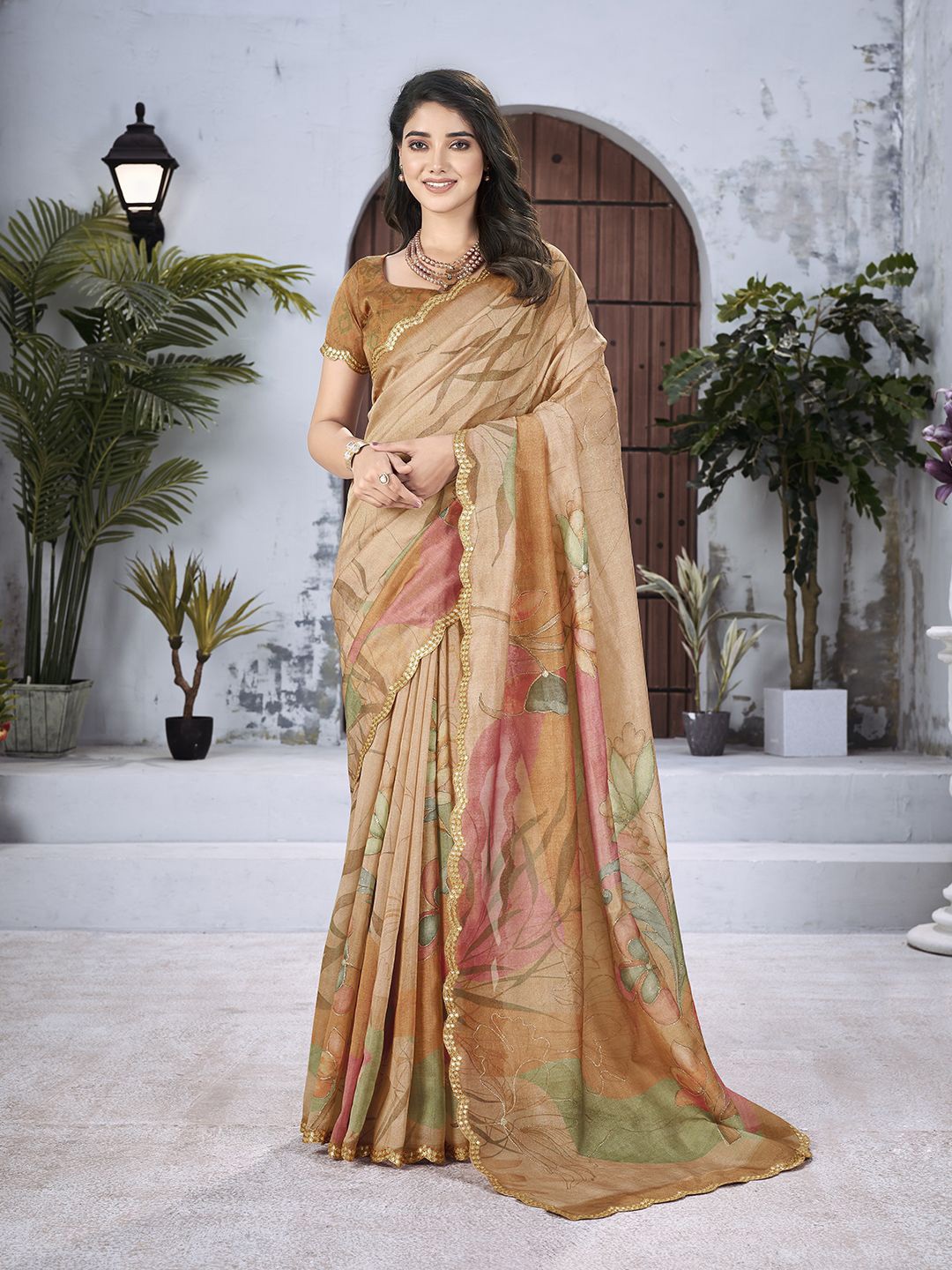 

all about you Floral Zari Organza Saree, Beige