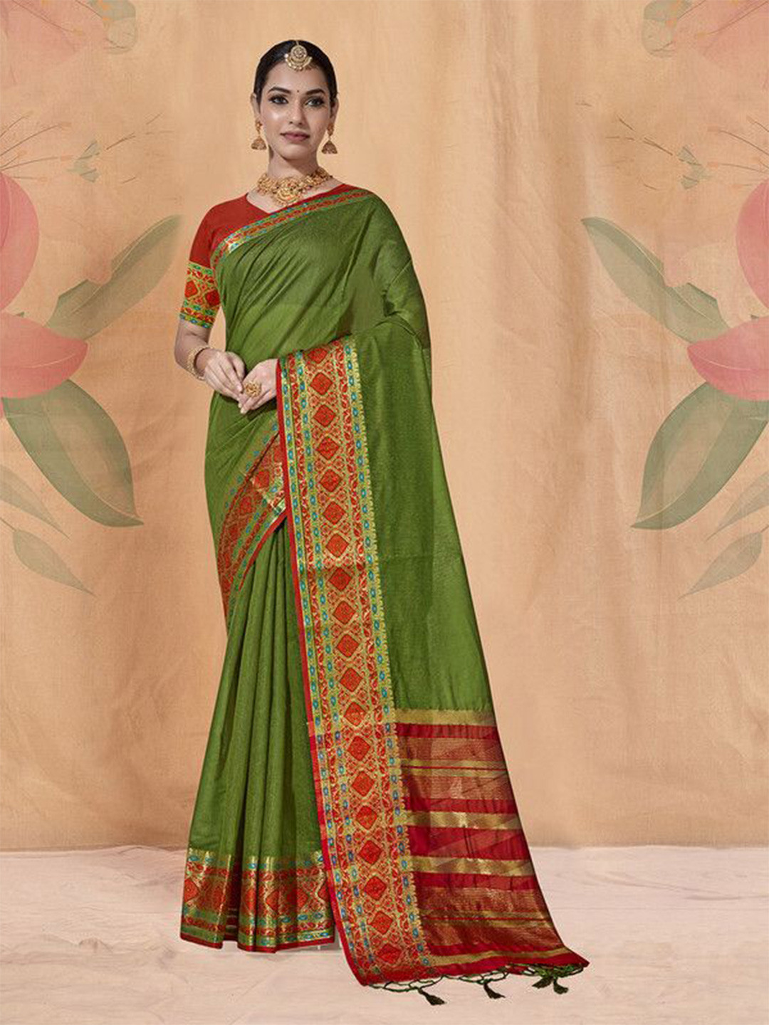 

sagarika Woven Design Zari Chanderi Saree, Green