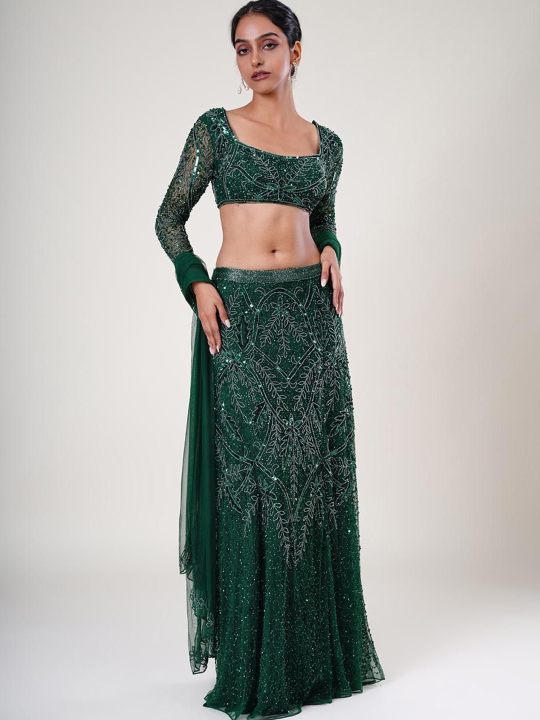 

UPGRADE Embellished Beads and Stones Ready to Wear Lehenga & Blouse With Dupatta, Green