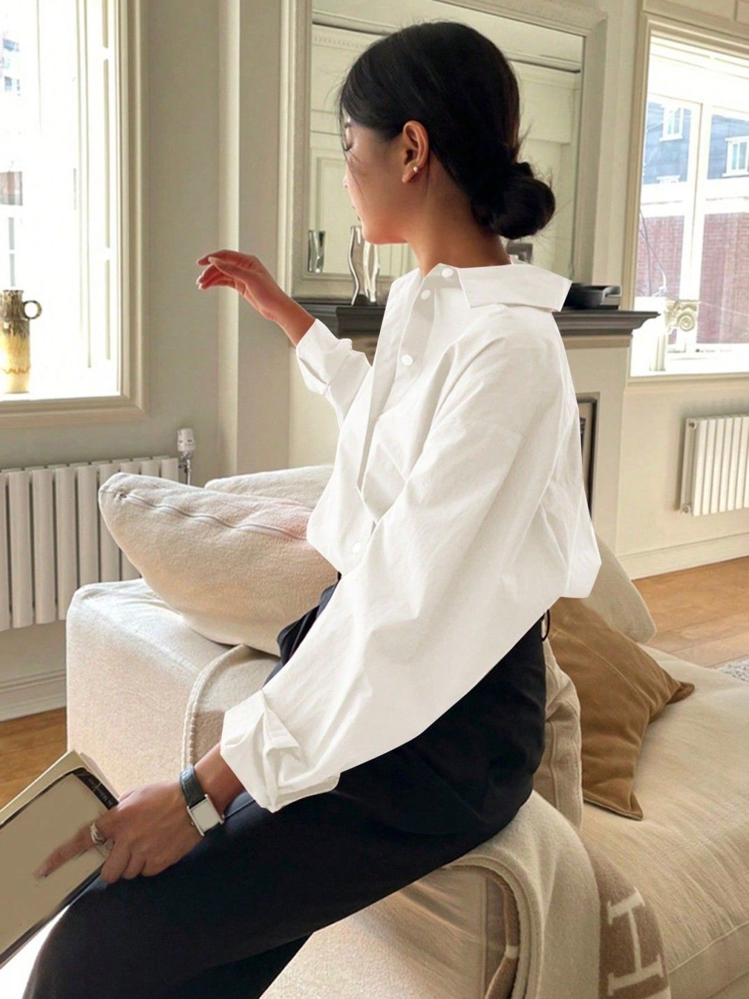 

NANCHI Women Comfort Relaxed Fit Spread Collar Solid Cotton Casual Shirt, White