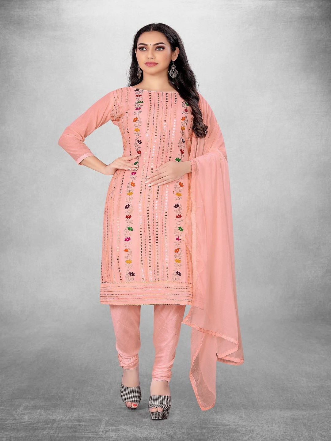 

Aika Floral Printed Sequenned Chanderi Unstitched Dress Material, Peach
