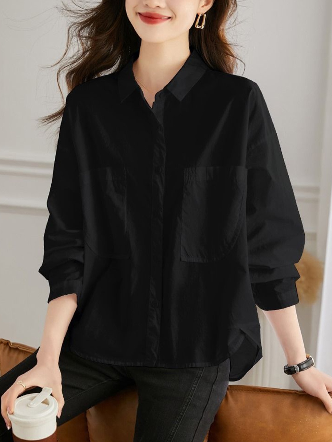 

StyleCast Women Spread Collar Solid Cotton Casual Shirt, Black