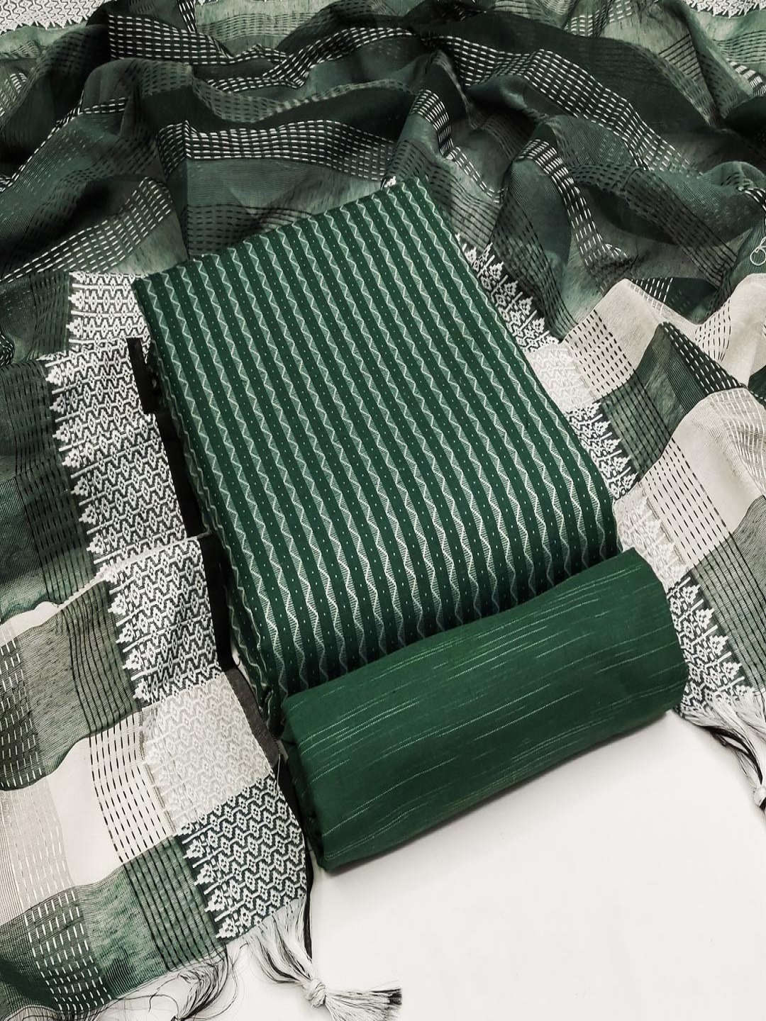 

Aika Striped Pure Cotton Unstitched Dress Material, Green