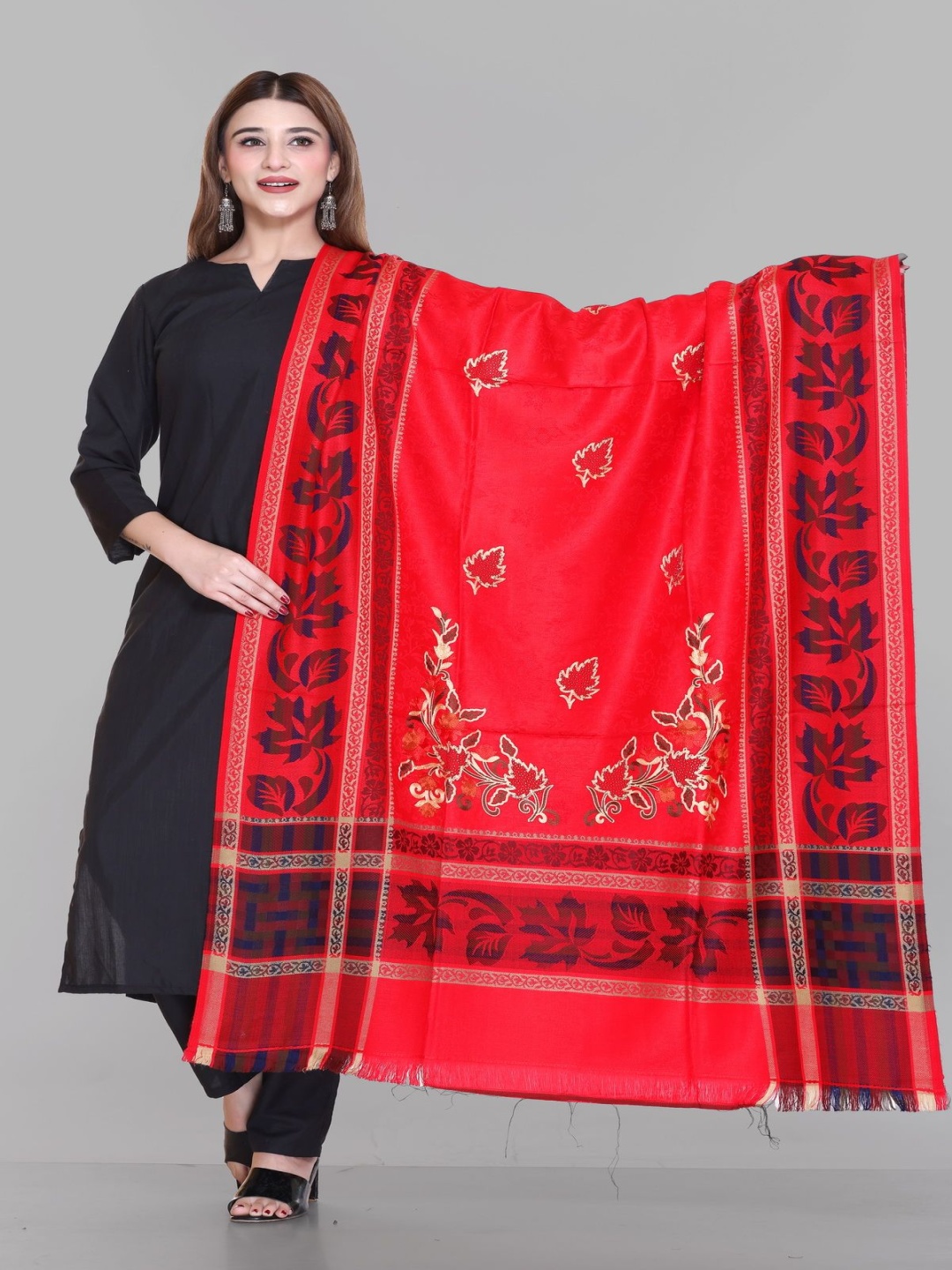 

Tones-N-Shades Floral Embroidered Thread Work Shawl, Red
